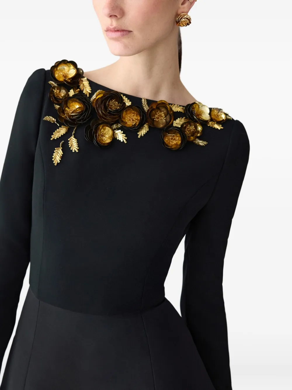 Carolina Herrera floral-embroidered midi dress Zwart