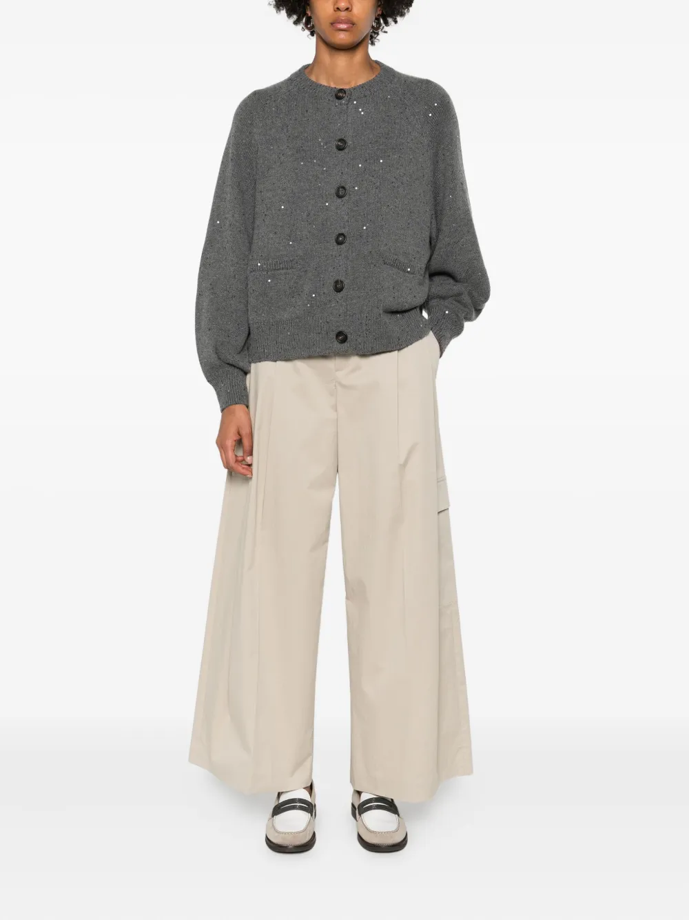 Brunello Cucinelli Sequin-embellished Button Cardigan In Gray
