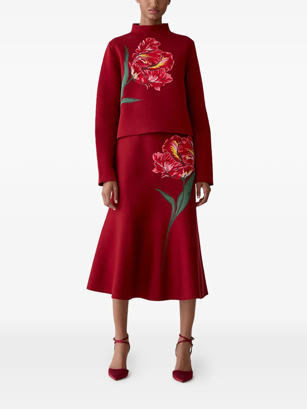 Carolina Herrera Flared midi-rok met bloemenjacquard Rood