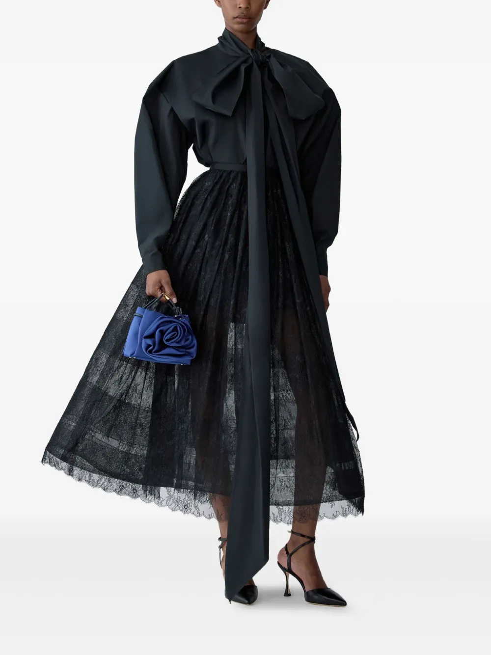 Carolina Herrera Plooirok met kant - Zwart