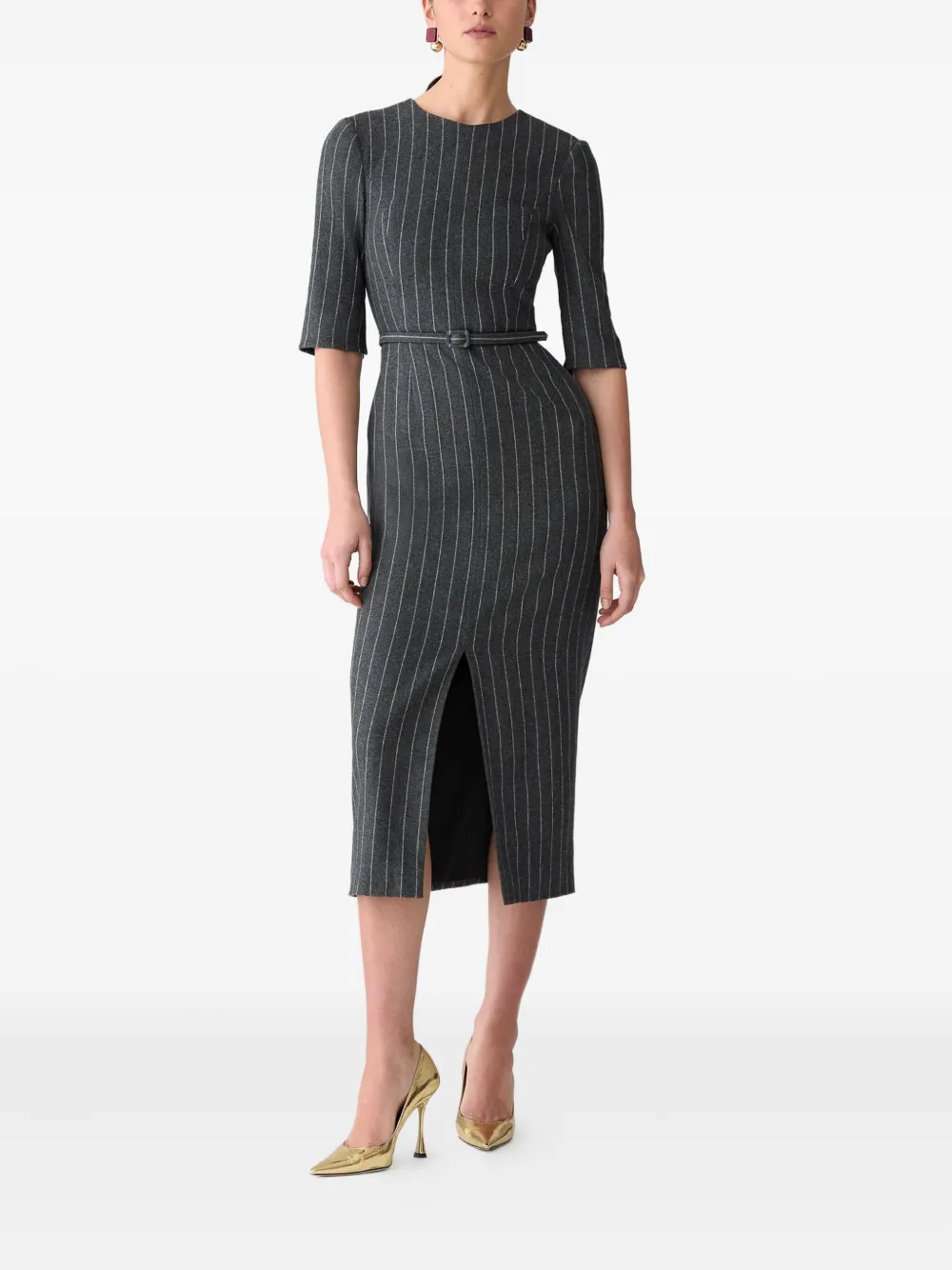 Carolina Herrera Pinstripe-pattern Belted Midi Dress In Gray