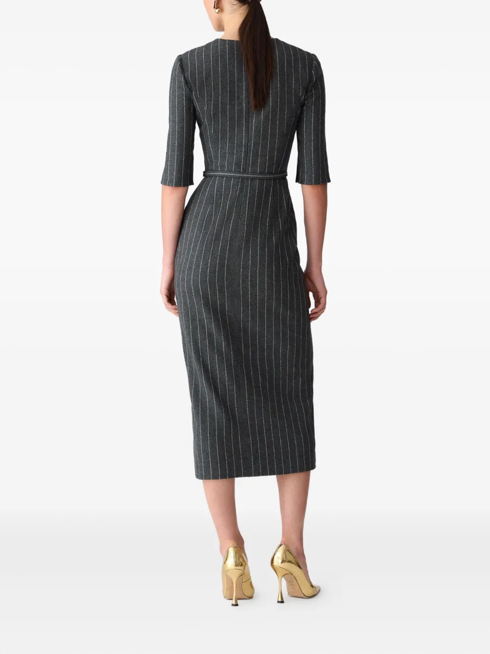 Carolina Herrera Pinstripe-pattern Belted Midi Dress In Gray