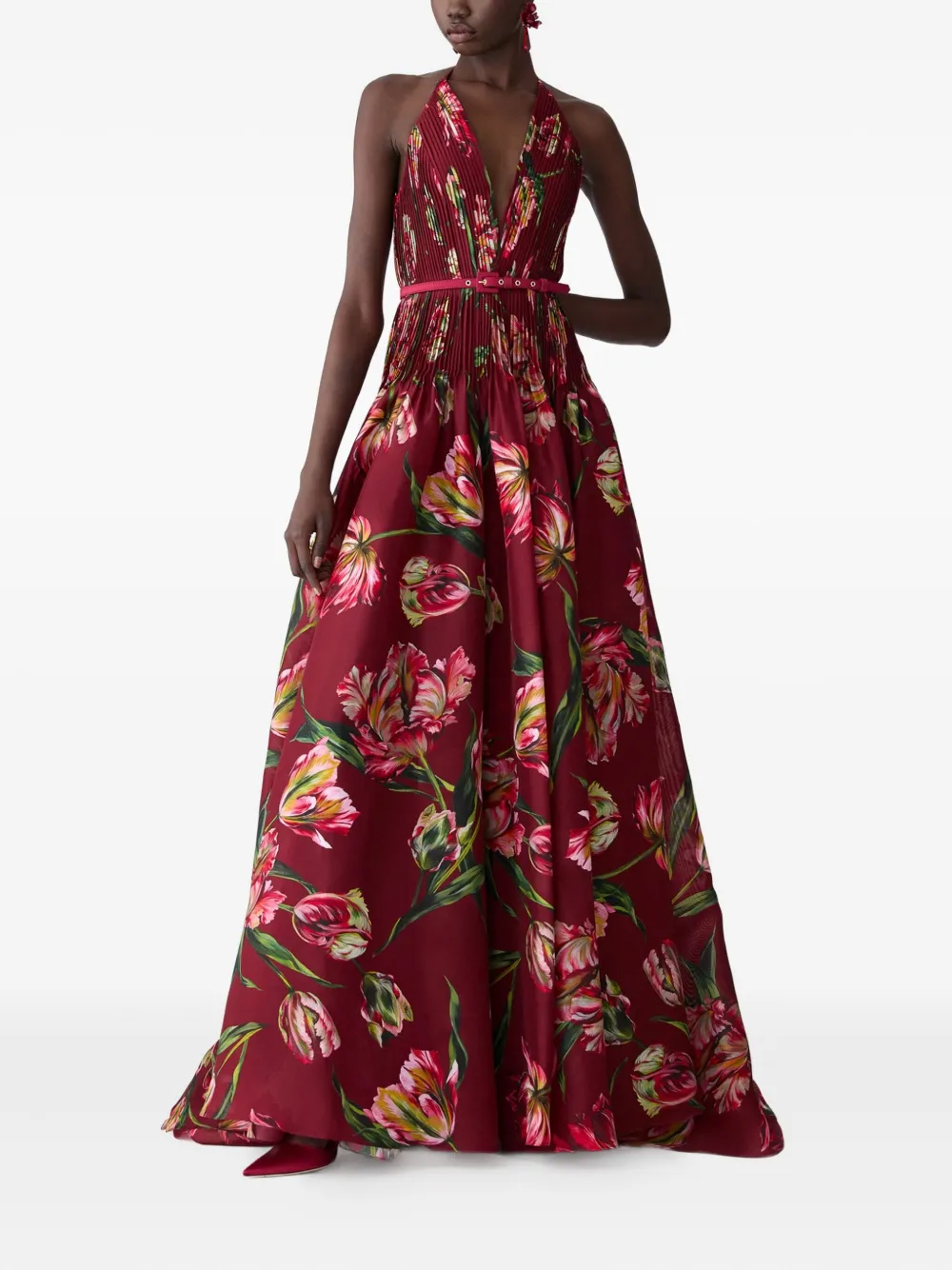 Carolina Herrera Avondjurk met plooien en bloemenprint - Rood