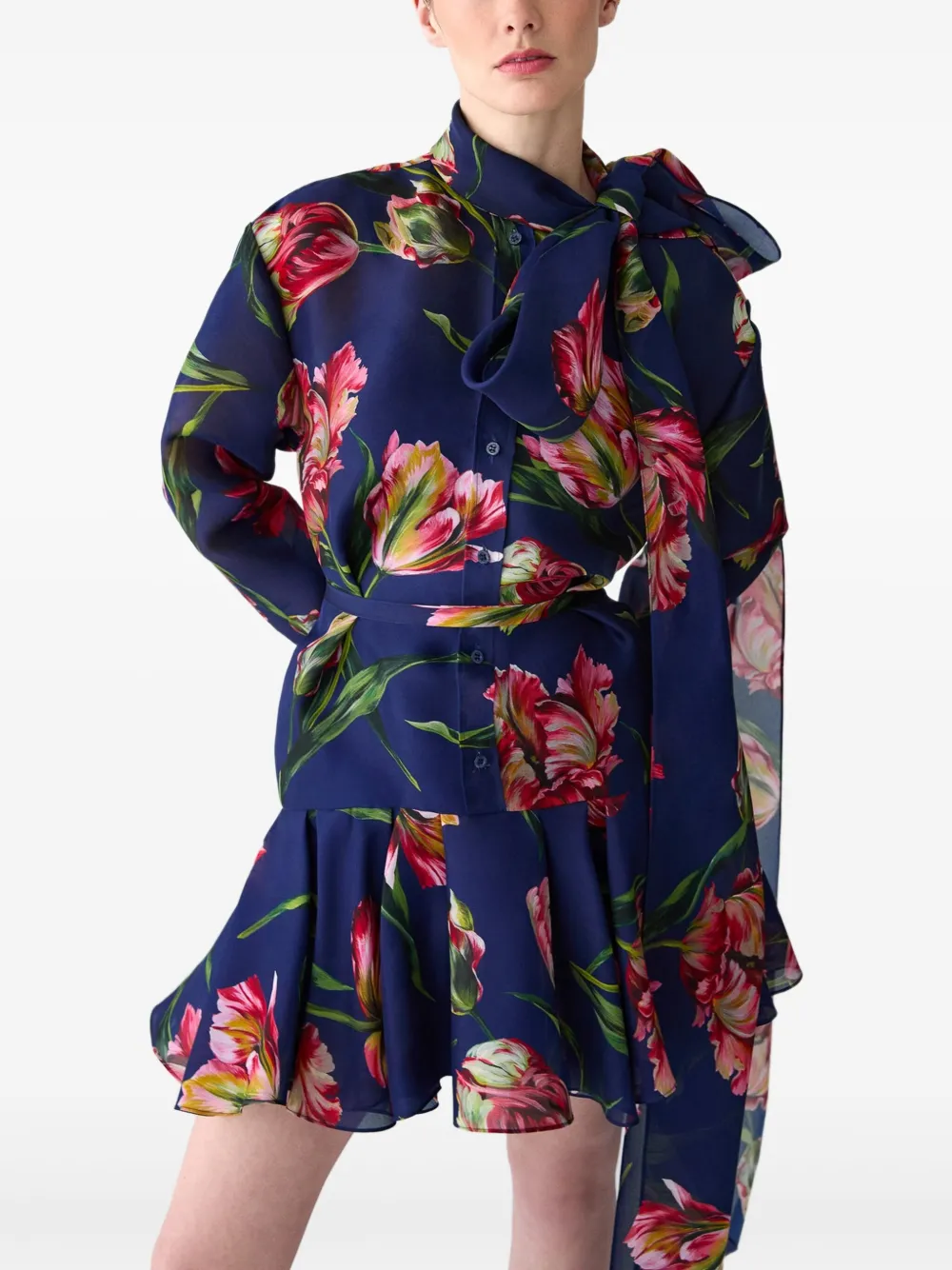 Carolina Herrera tulip-print bow-detail dress Blauw