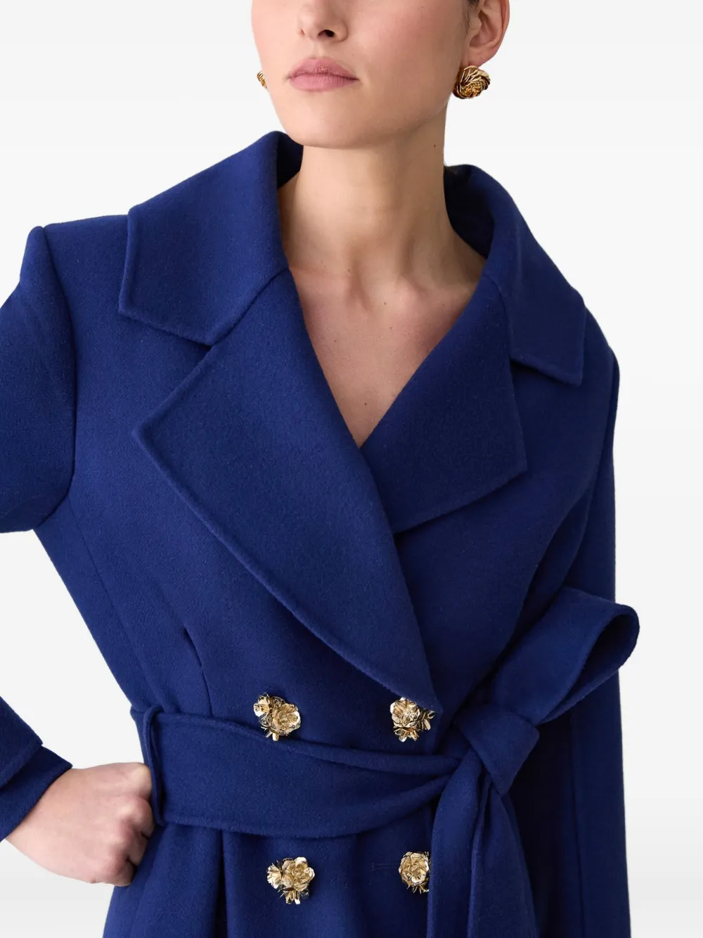 Carolina Herrera Flower Button Wool Long Peacoat In Blue