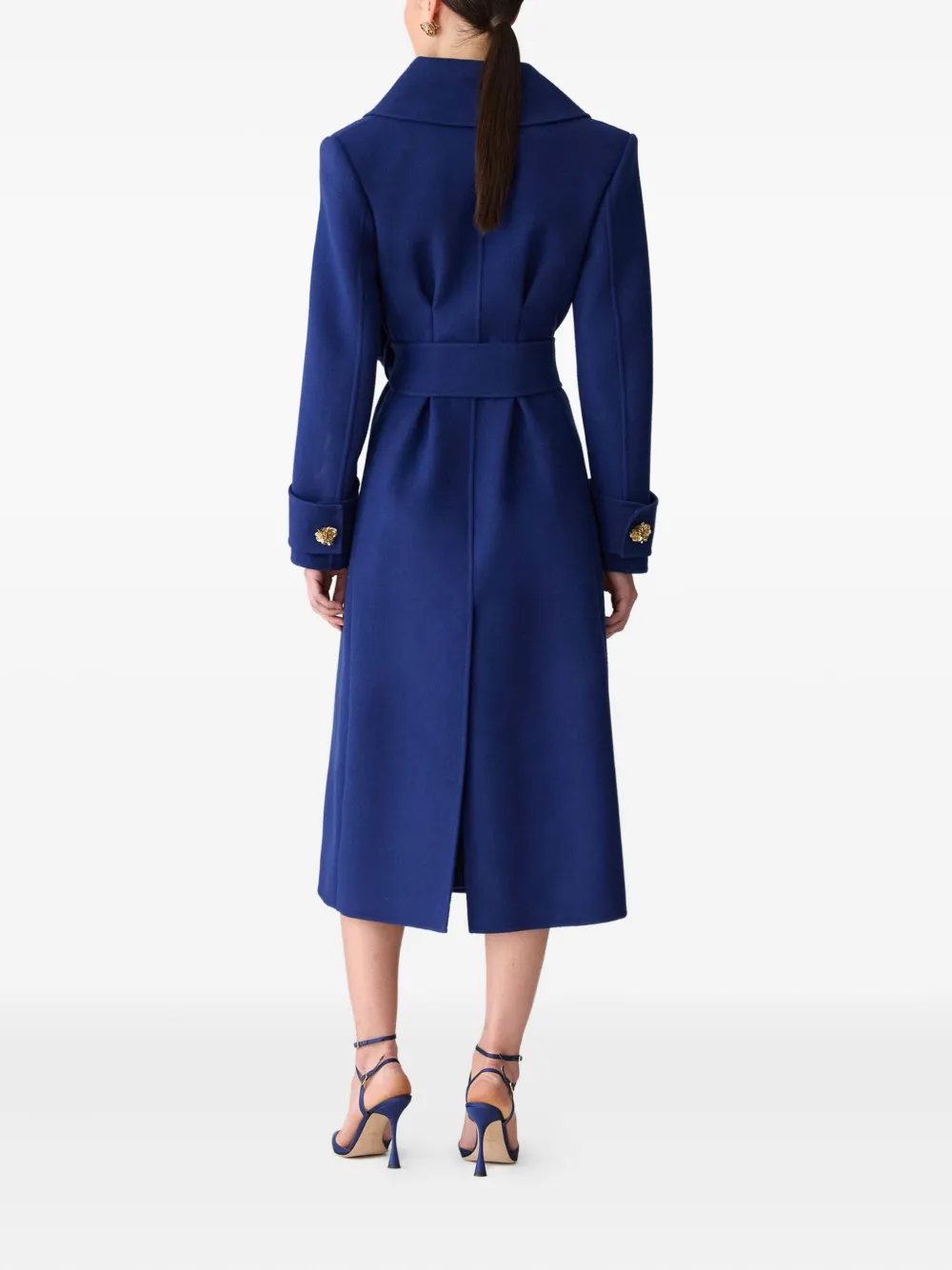 Carolina Herrera Flower Button Wool Long Peacoat In Blue