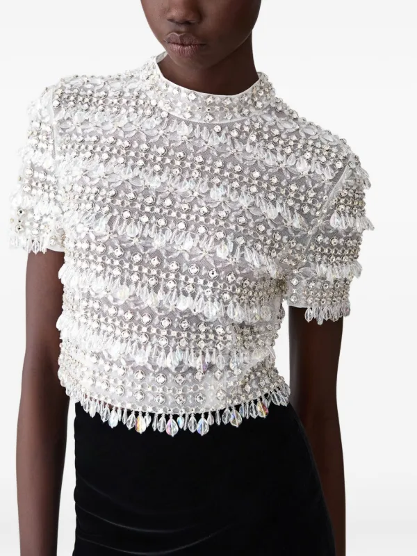 Carolina Herrera crystal-embellished short-sleeve Top | Neutrals