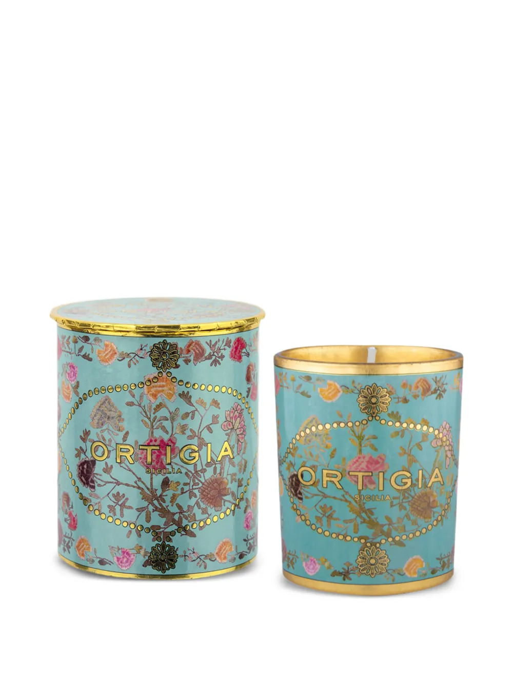 Ortigia Sicilia Florio Decorated medium candle (10cm x 12.5cm) | Blue | Image 1