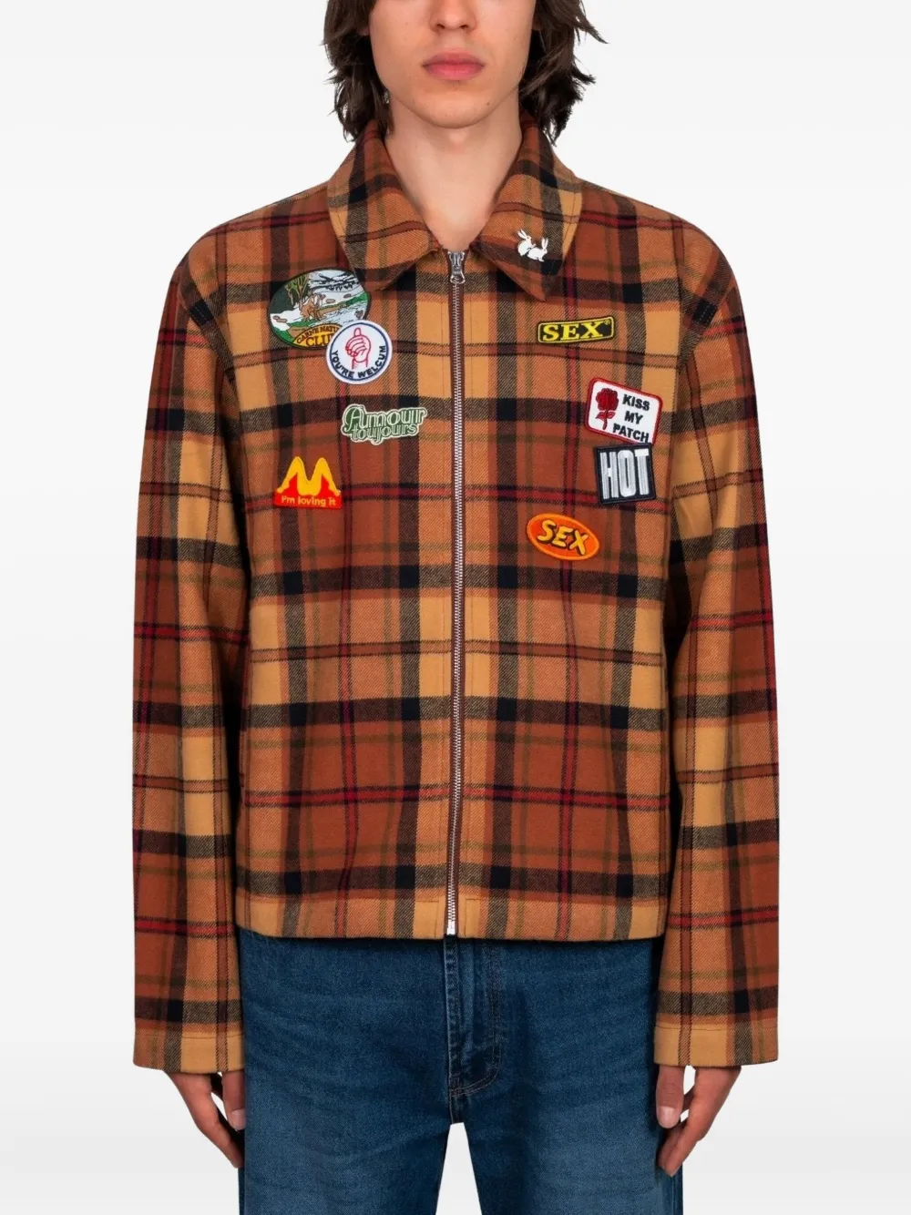 CARNE BOLLENTE Kiss My Patch plaid shirt jacket | Orange | Image 1