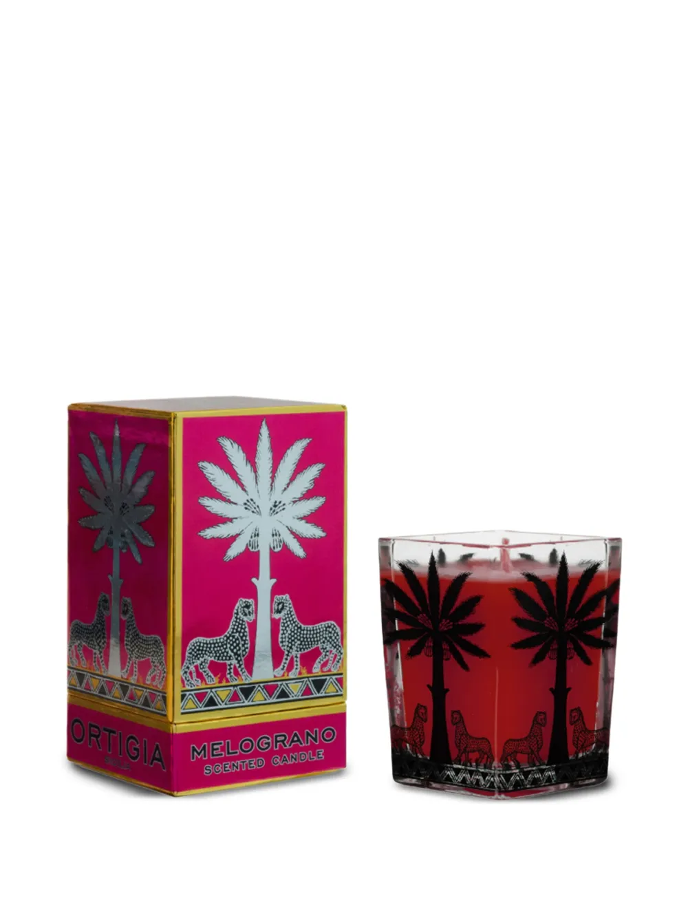 Ortigia Sicilia palm-tree print square-shape candle (9.5cm x 7cm) | Red | Image 1