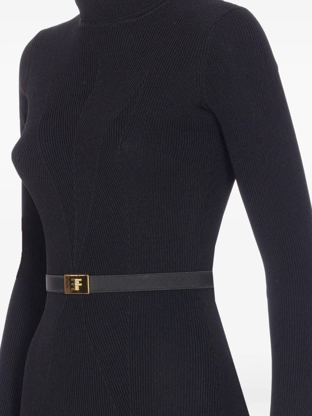 Elisabetta Franchi ribbed high-neck belted midi dress Zwart