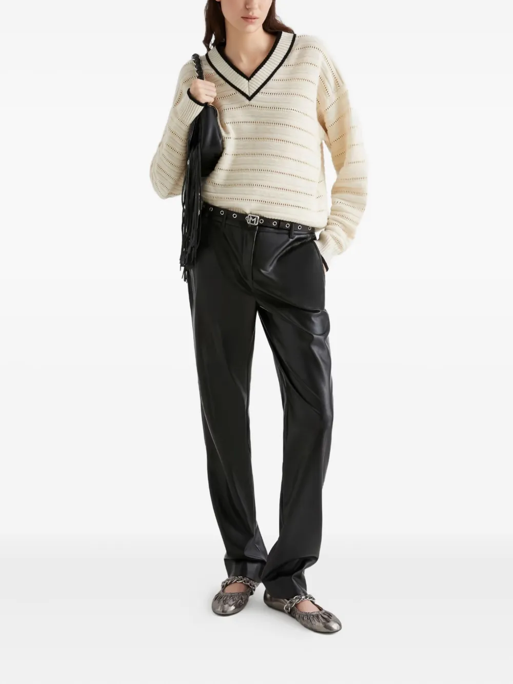 Marella Striped V-neck Sweater In Neutral