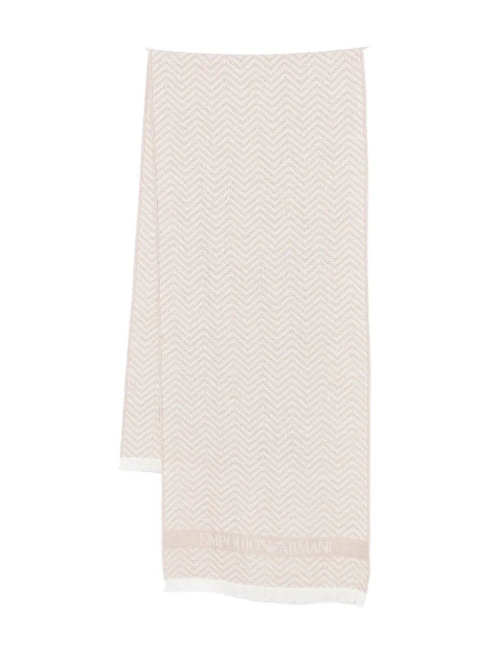 Emporio Armani Chevron Patterned Wool Scarf With Fringed Edges In Neutral