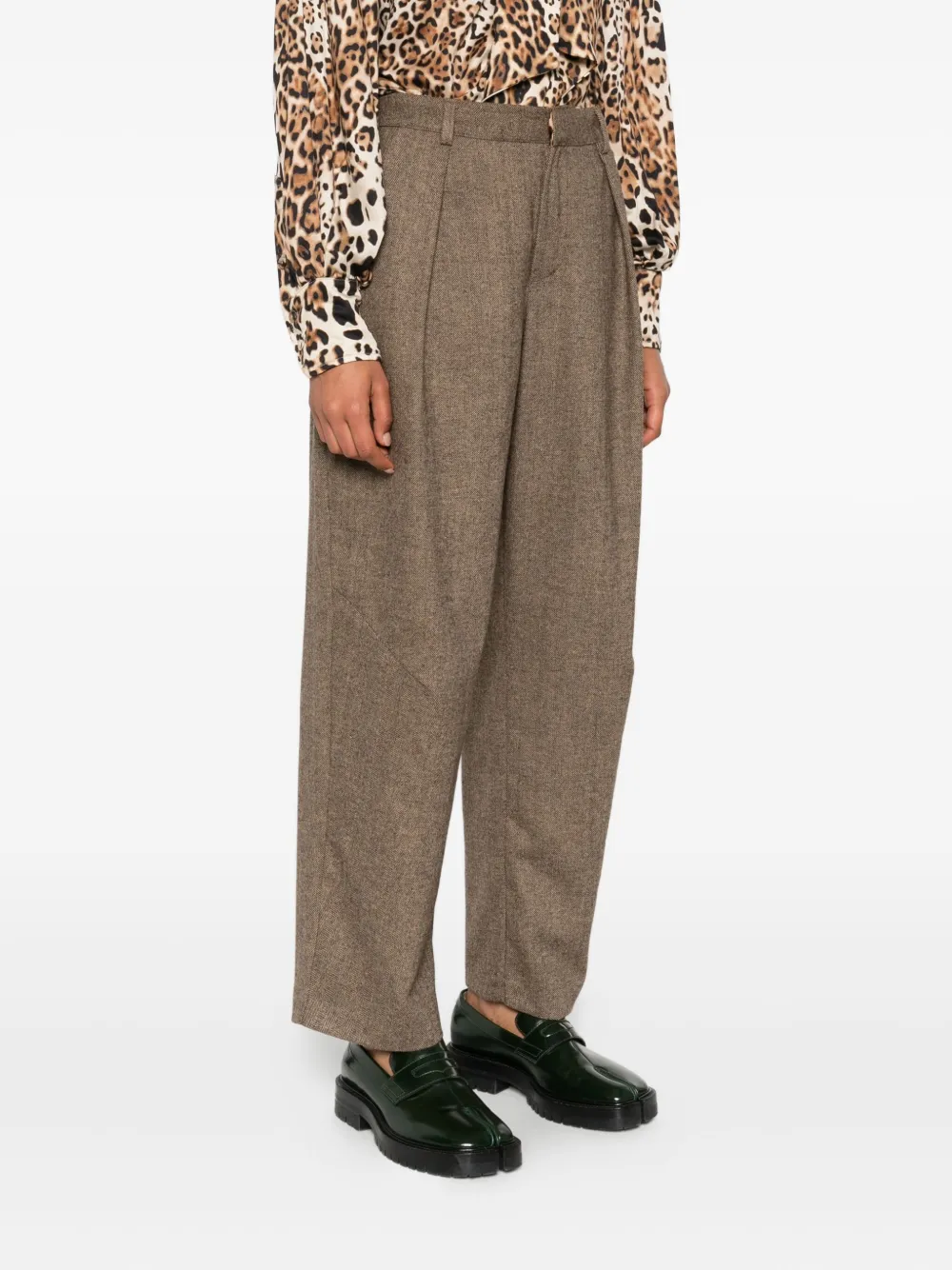Front Street Pleated-front Dart-detail Trousers In Brown