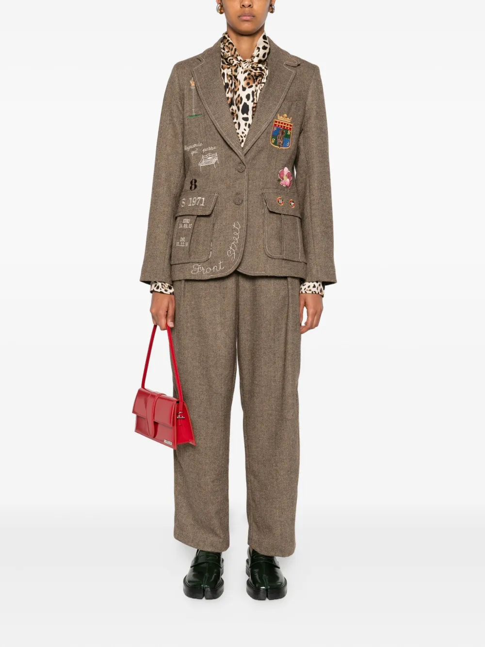 Front Street Single-breasted Embroidered-patch Blazer In Brown