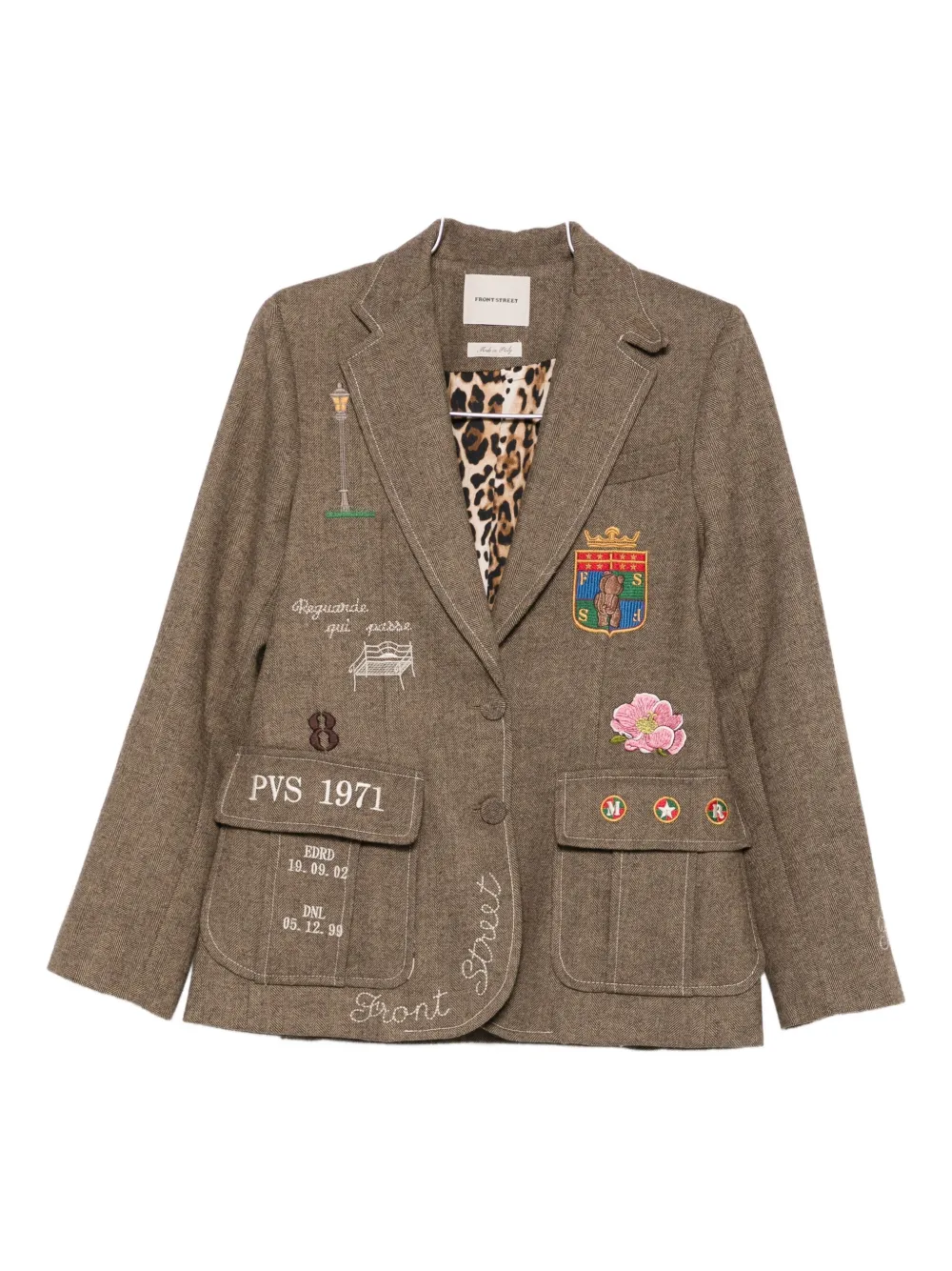 Front Street Single-breasted Embroidered-patch Blazer In Brown