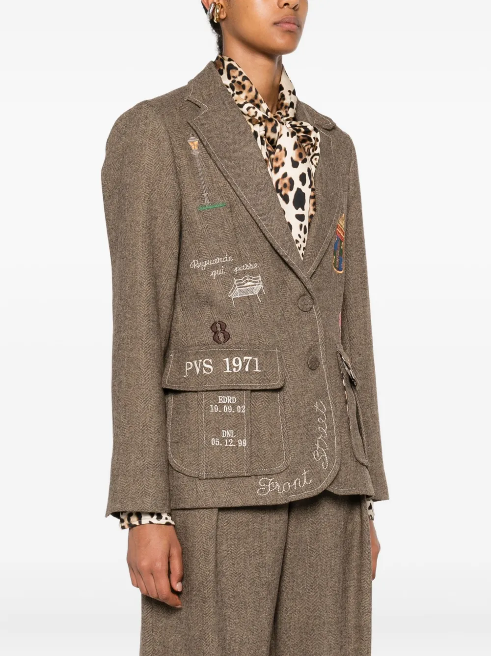 Front Street Single-breasted Embroidered-patch Blazer In Brown