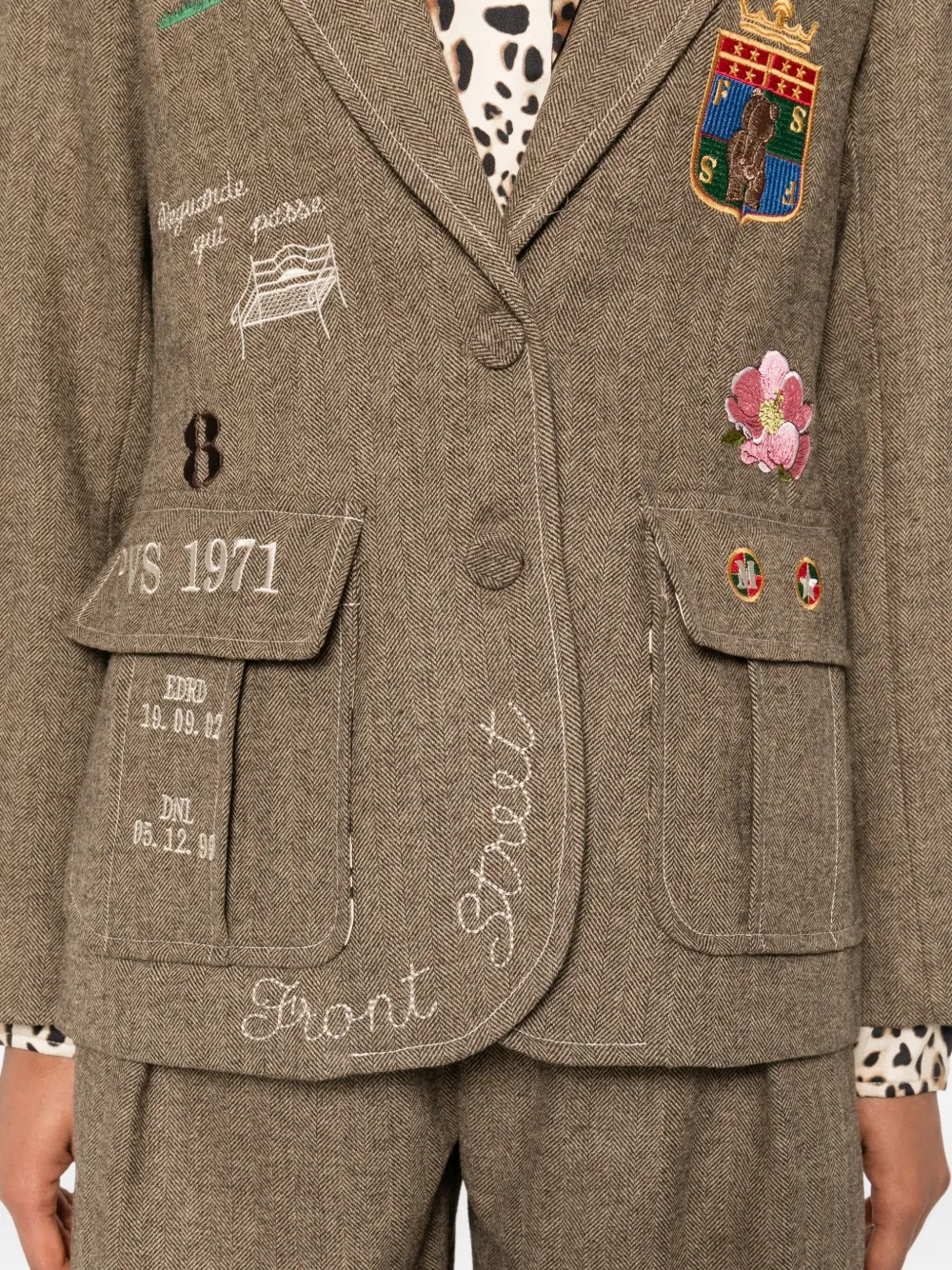 Front Street Single-breasted Embroidered-patch Blazer In Brown