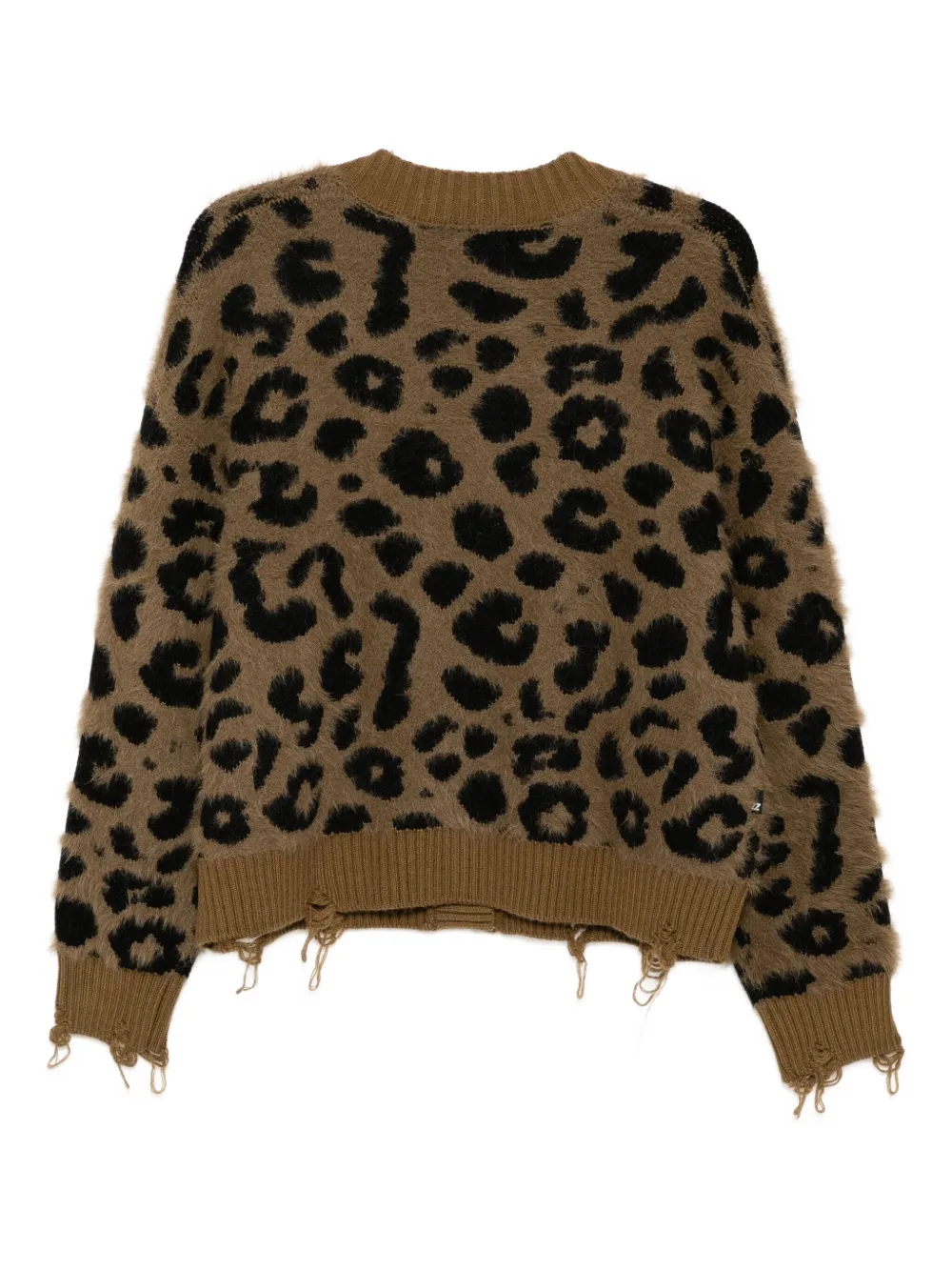 Izzue Distressed Leopard-intarsia Cardigan In Gray