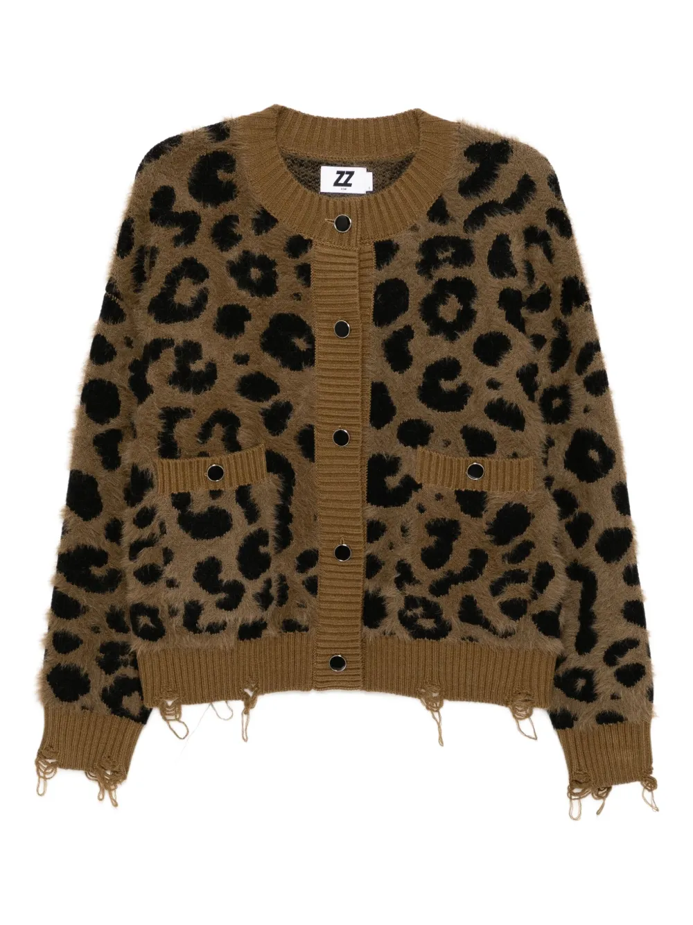 Izzue Distressed Leopard-intarsia Cardigan In Gray