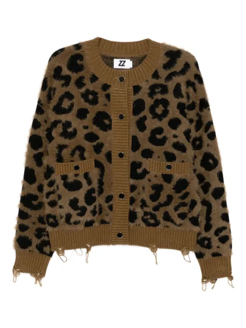izzue distressed leopard-intarsia cardigan 