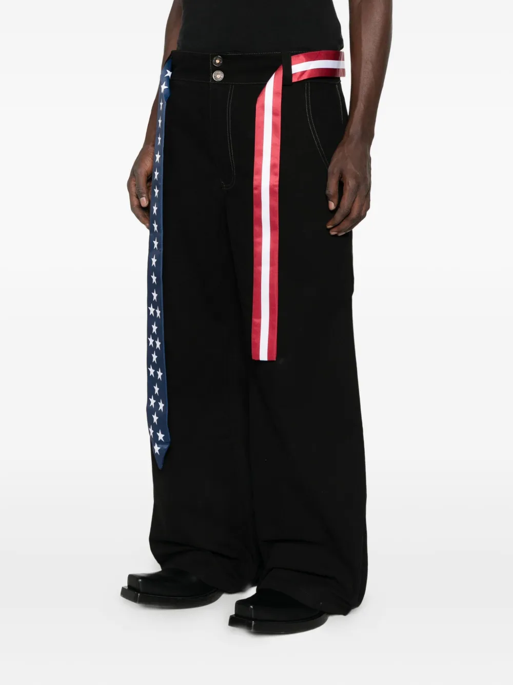 Madfrenzy Belted Contrasting Wide-leg Trousers In Black