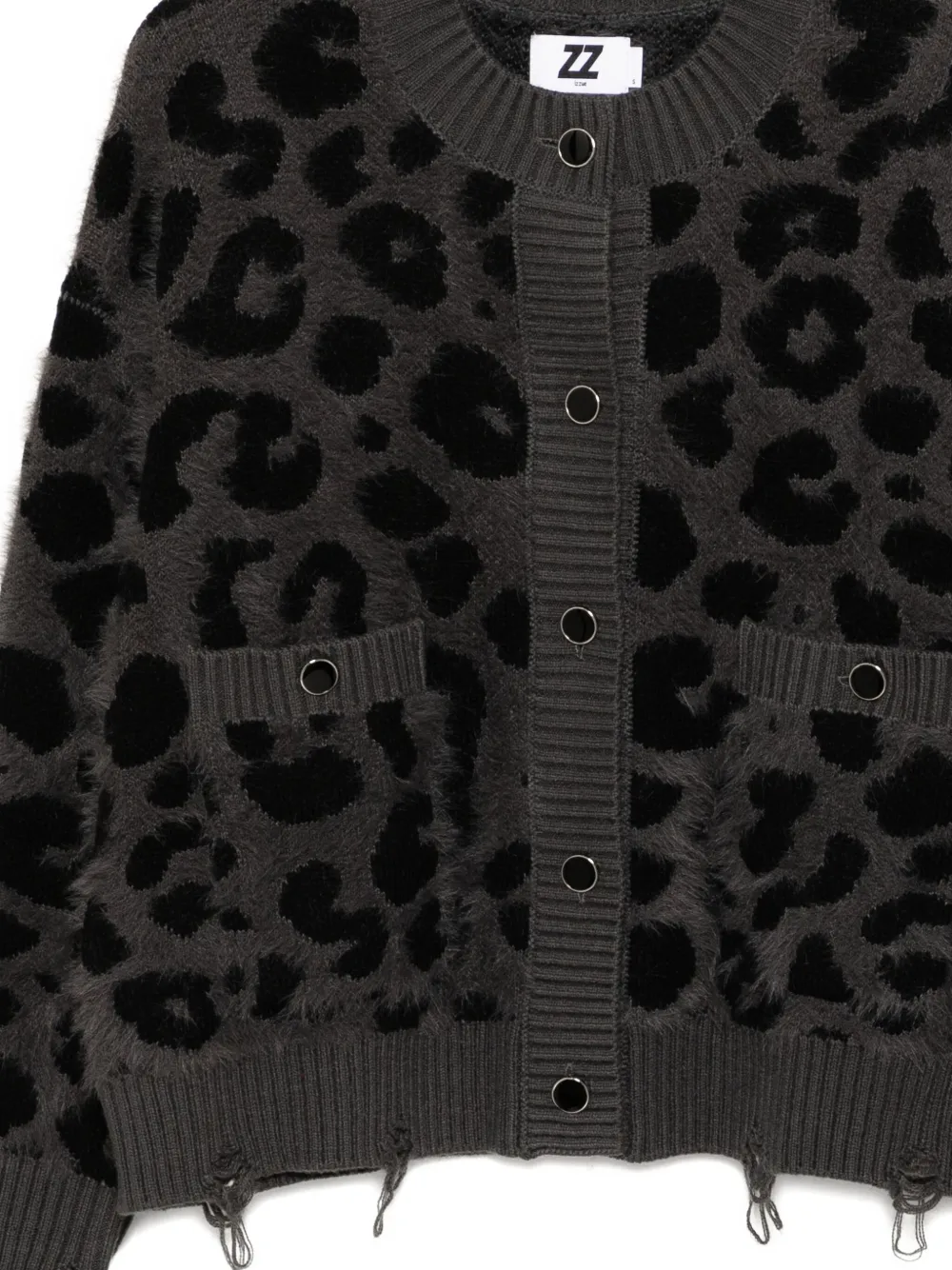 Izzue Distressed Leopard-intarsia Cardigan In Gray