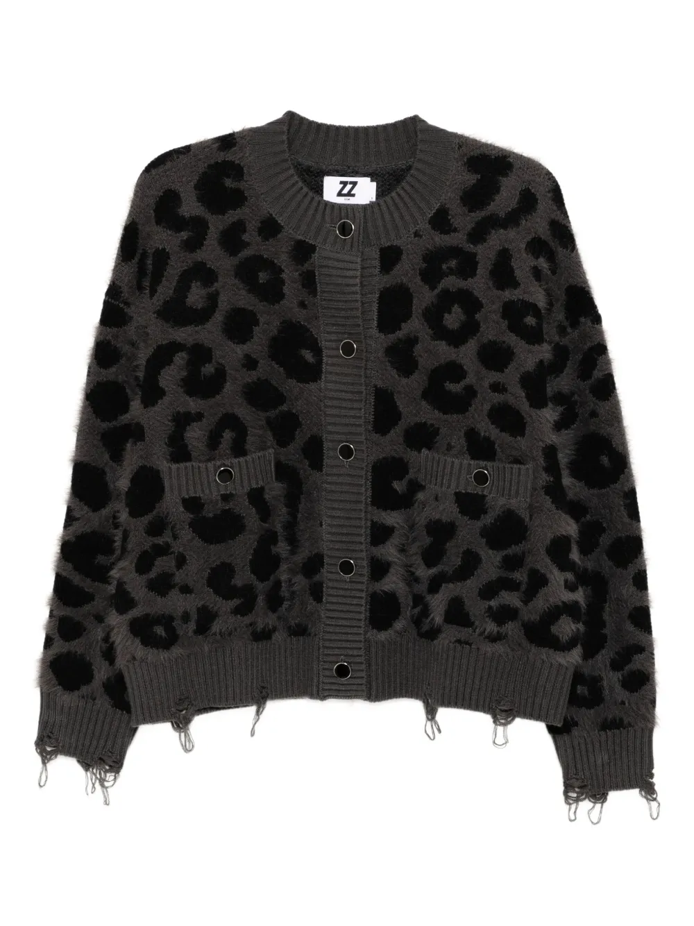 Izzue Distressed Leopard-intarsia Cardigan In Gray