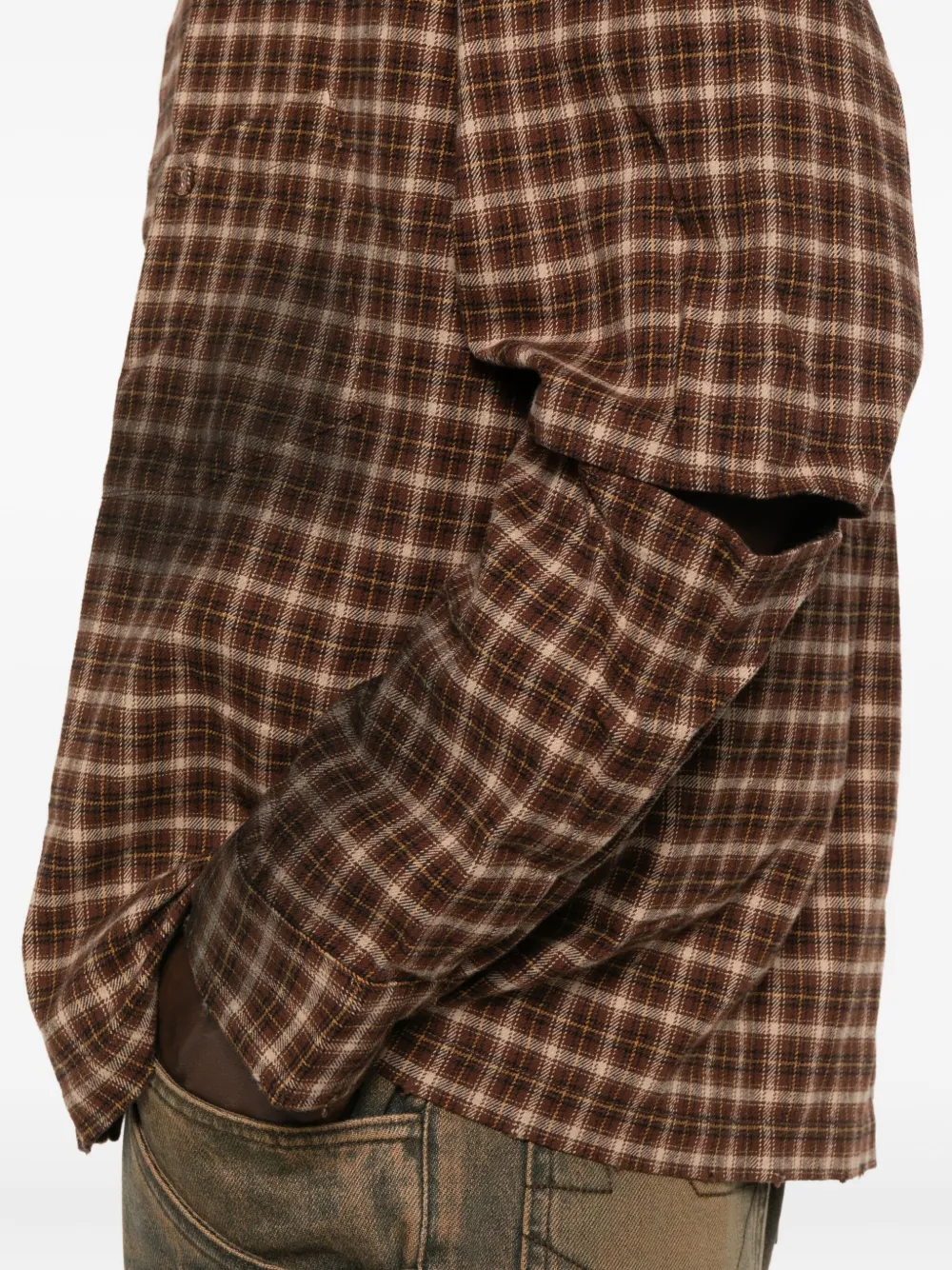Madfrenzy Checked-print Deconstructed-sleeve Shirt In Brown