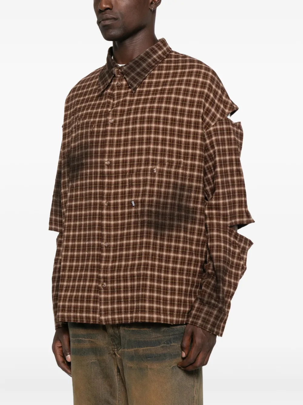 Madfrenzy Checked-print Deconstructed-sleeve Shirt In Brown