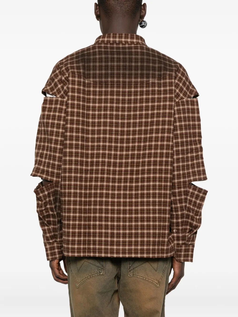 Madfrenzy Checked-print Deconstructed-sleeve Shirt In Brown