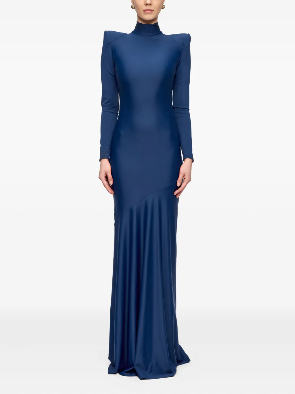 V:PM ATELIER Irma maxi-jurk met hoge hals en gewatteerde schouders - Blauw