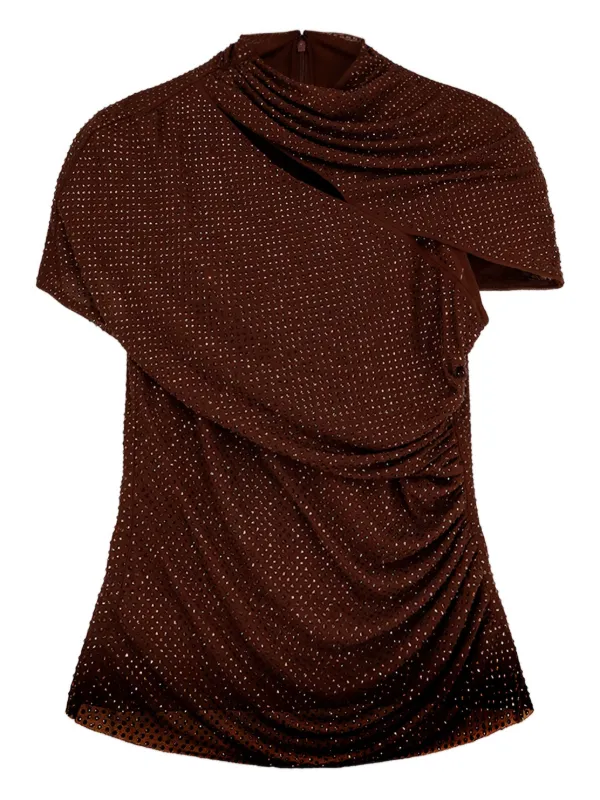 Self-Portrait Rhinestone Mesh Cut Out Top in Brown