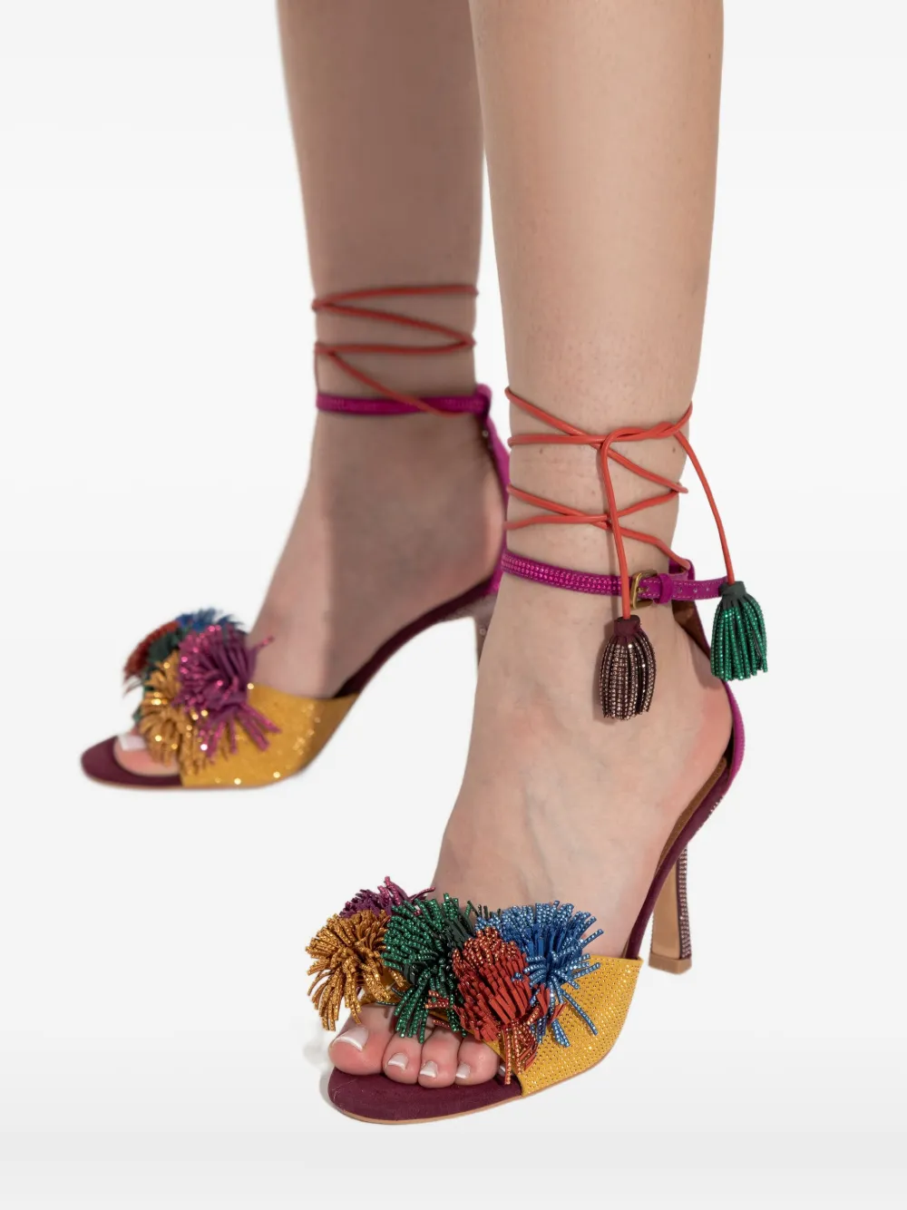 Kurt Geiger London 90mm Pom embellished ankle-tie sandals Yellow