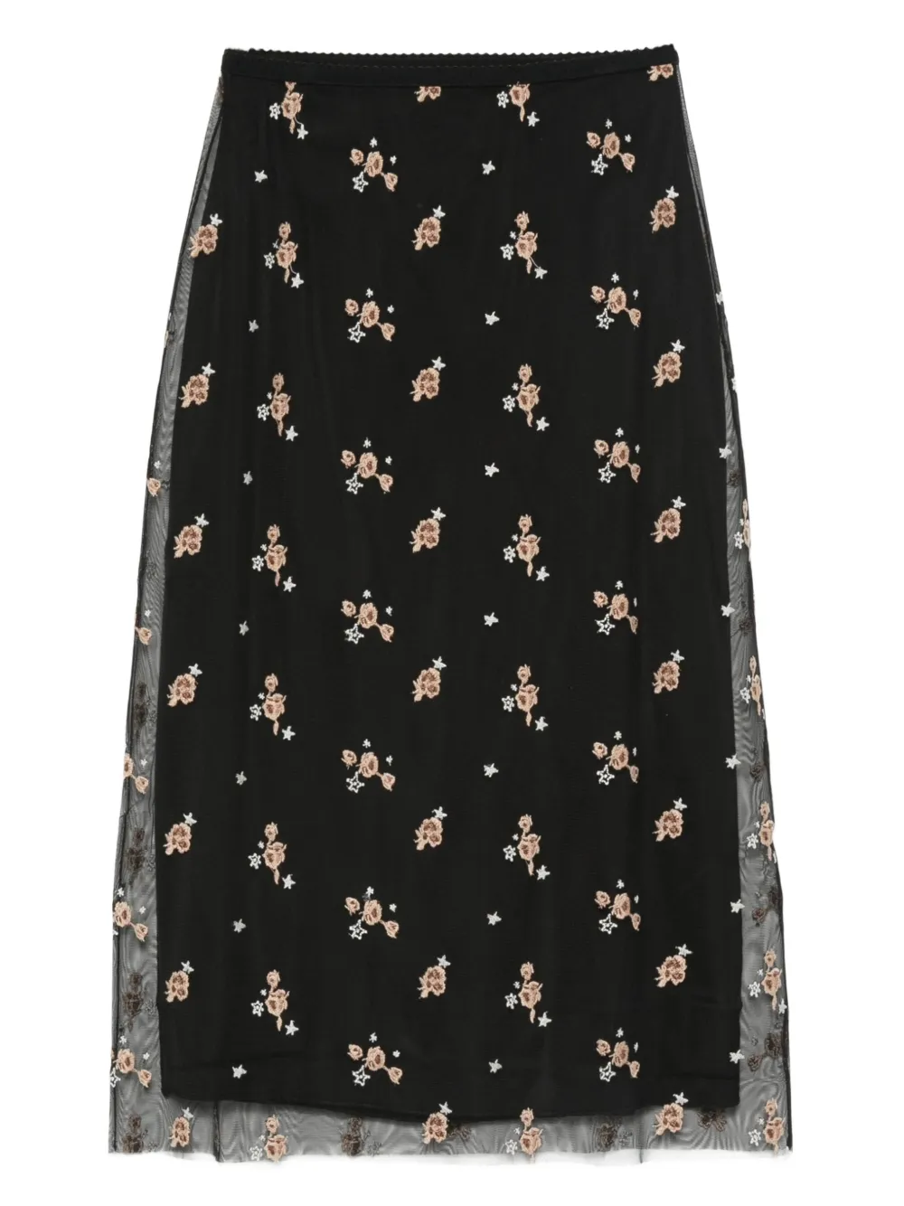 Ottod'Ame Mesh rok met geborduurde bloemen - Zwart