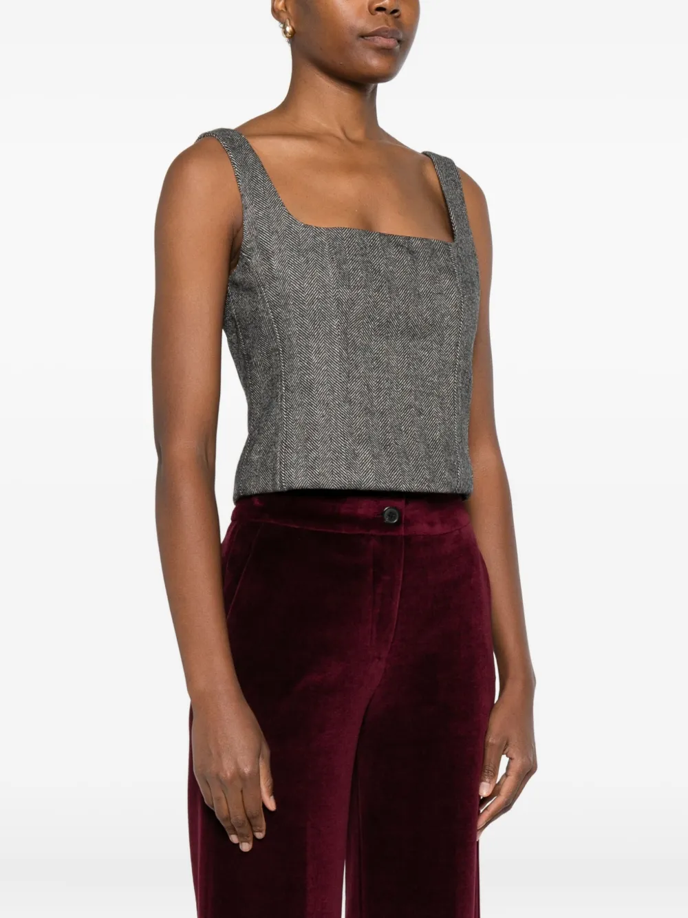 Ottod'ame Herringbone Square-neck Top In Gray