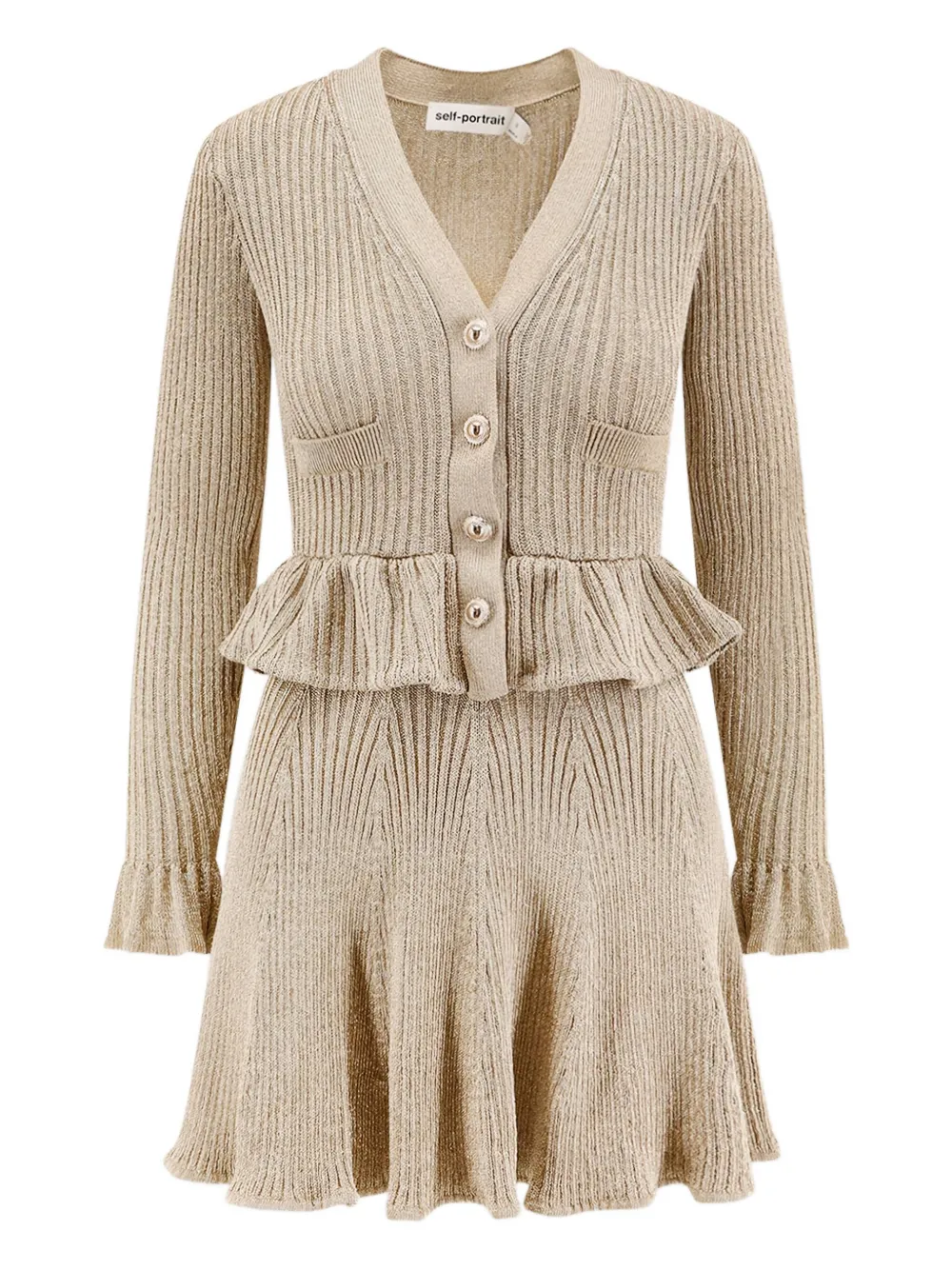 Self-portrait Ribbed-knit Ruffled Mini Dress In Neutral