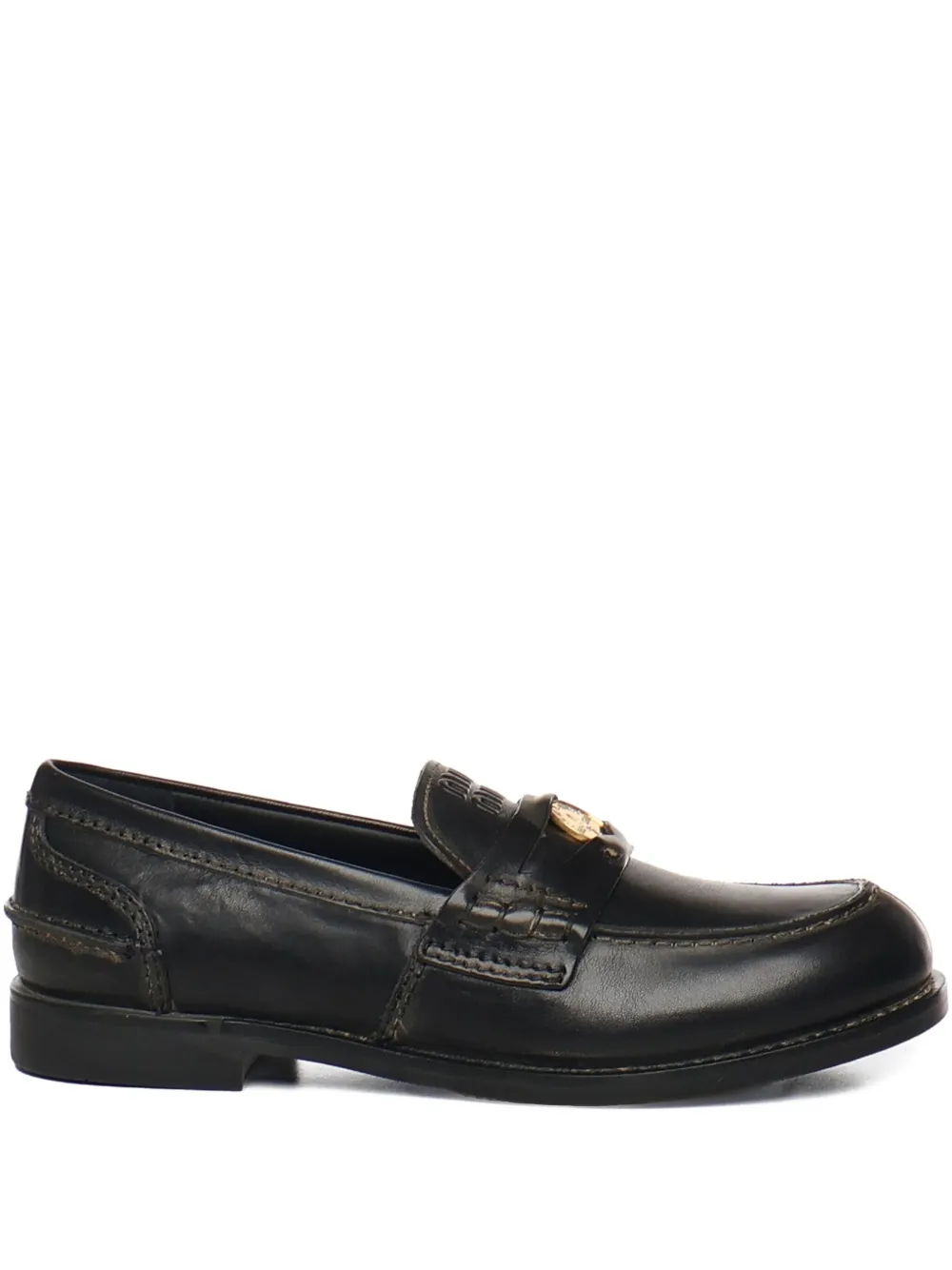 Miu Leren loafers met goudkleurig logo Zwart