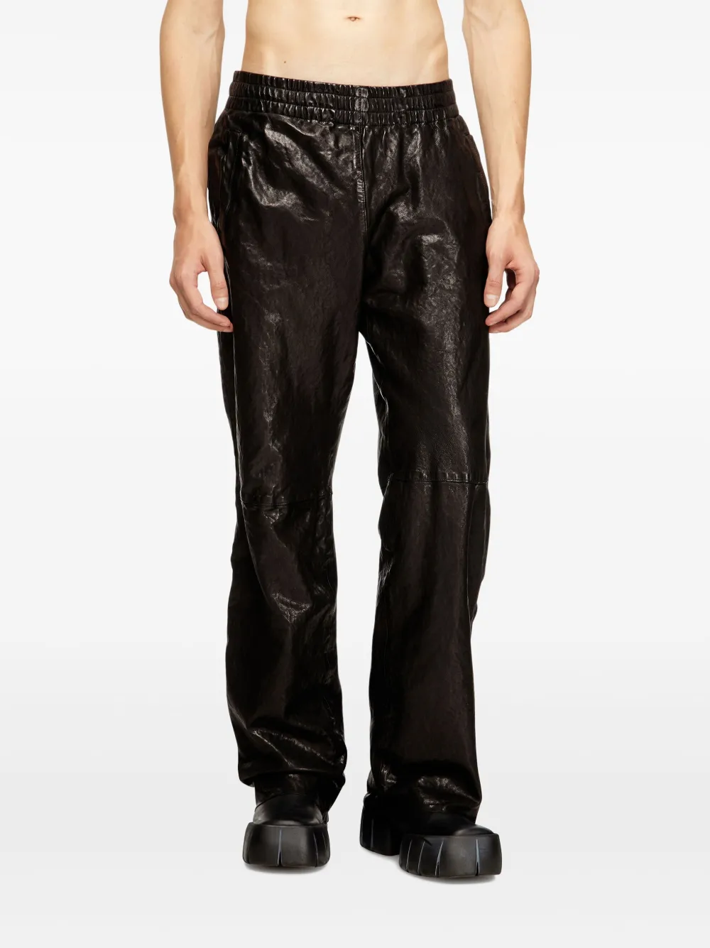 Diesel Leren broek met elastische taille Zwart