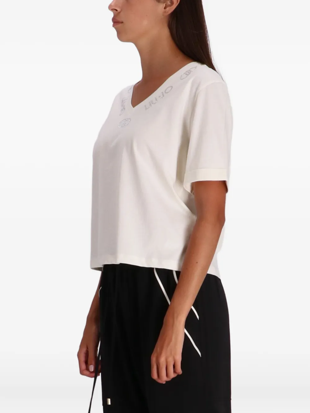 Liu •jo Embellished V-neck T-shirt In Neutral