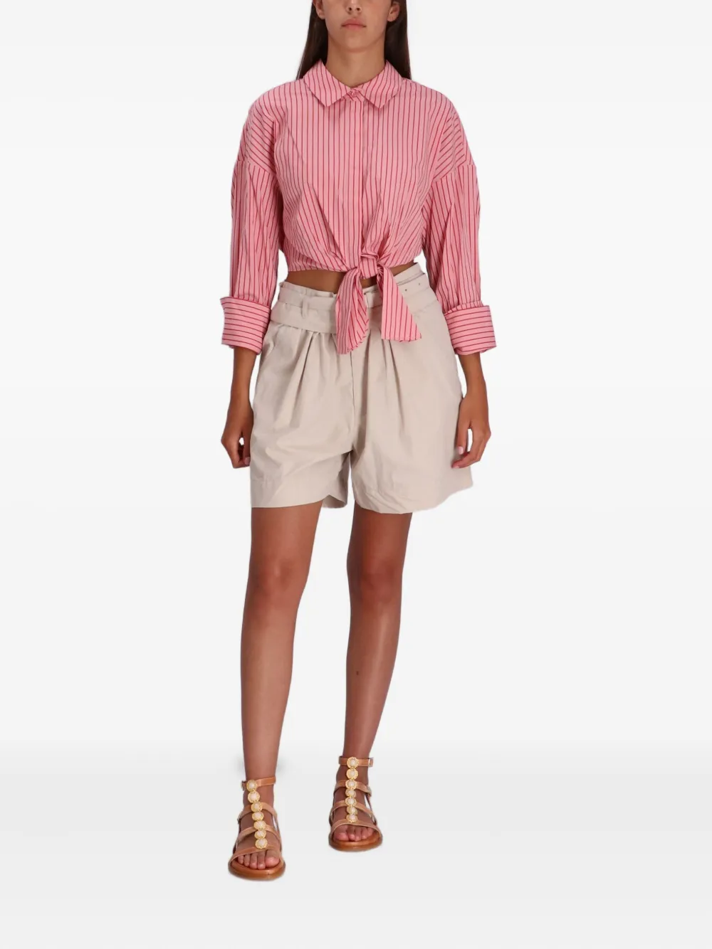 STAUD Lisa gestreepte blouse met gestrikte voorkant - Roze