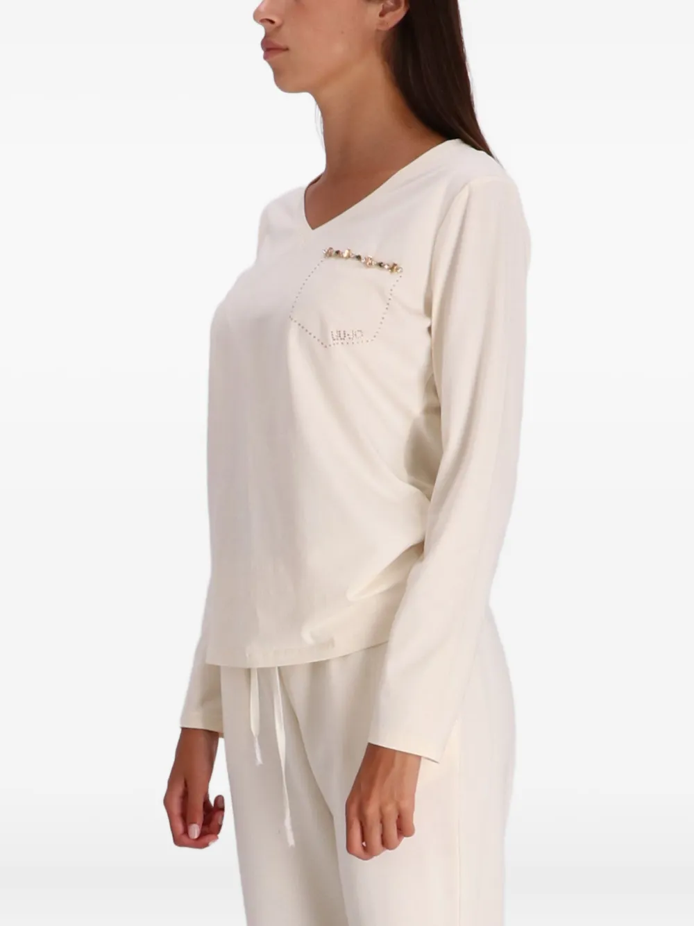 Liu •jo Embellished V-neck Long-sleeved T-shirt In Neutral