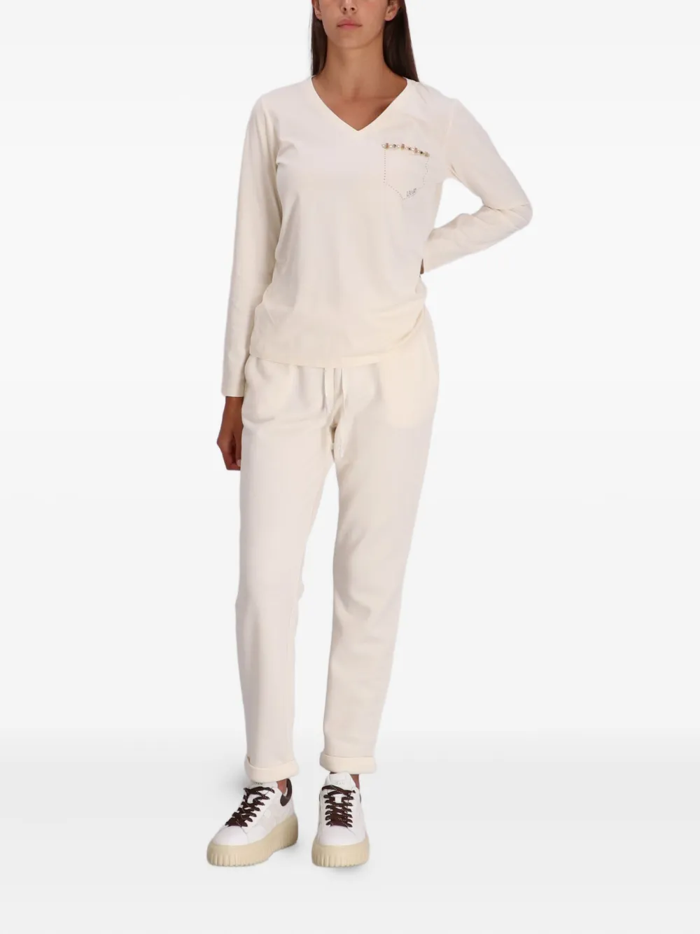 Liu •jo Embellished V-neck Long-sleeved T-shirt In Neutral