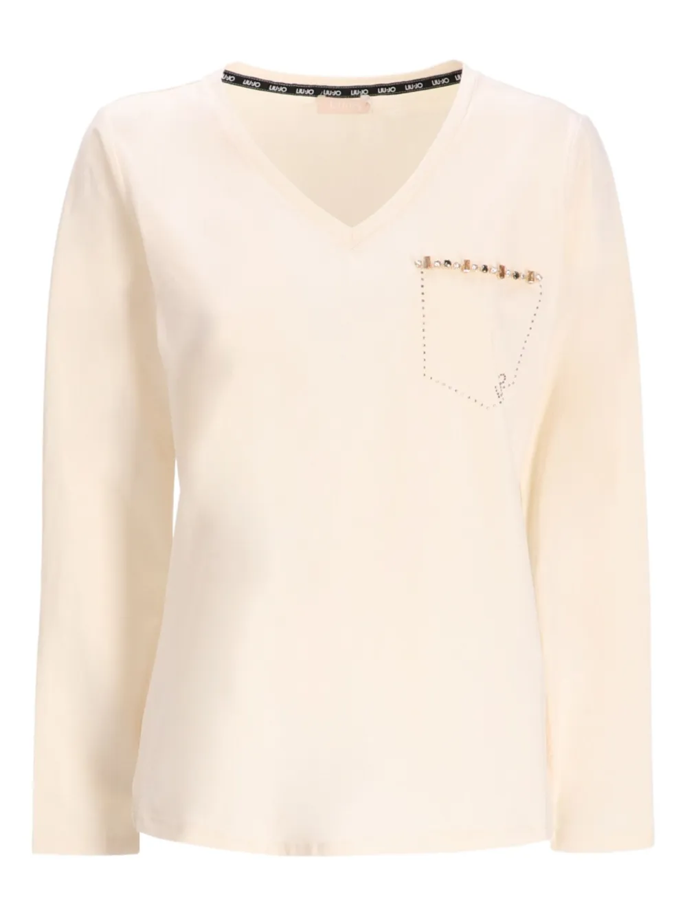Liu •jo Embellished V-neck Long-sleeved T-shirt In Neutral