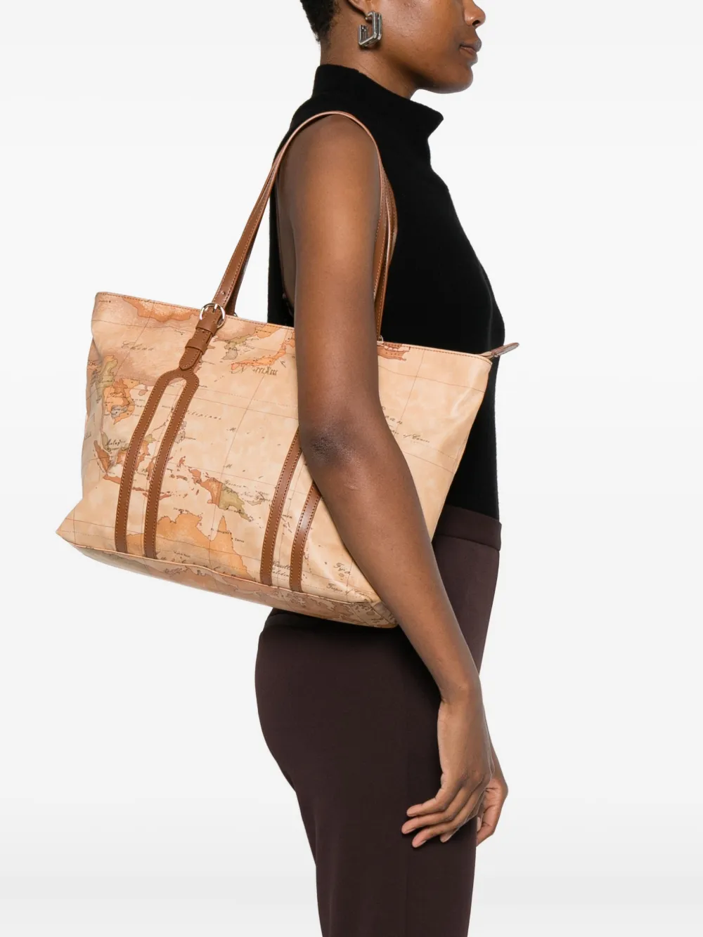 ALVIERO MARTINI 1° CLASSE Leren shopper met kaartprint - Bruin