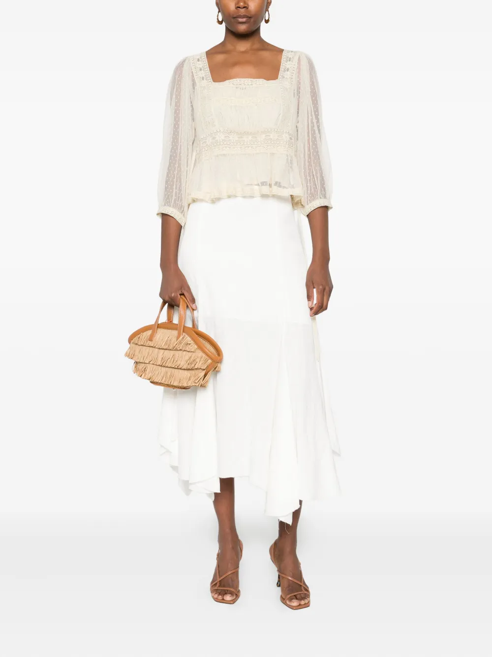 Rixo Top met vierkante hals en kanten afwerking - Beige