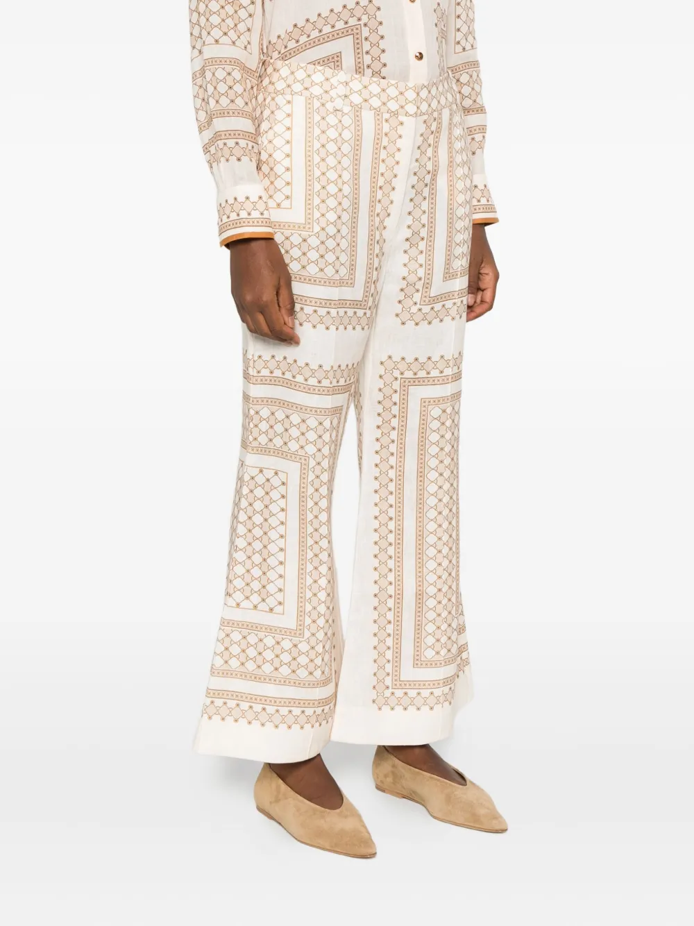 Zimmermann Womens Cream Geo Print Crop-leg Flared Linen Trousers In Multi