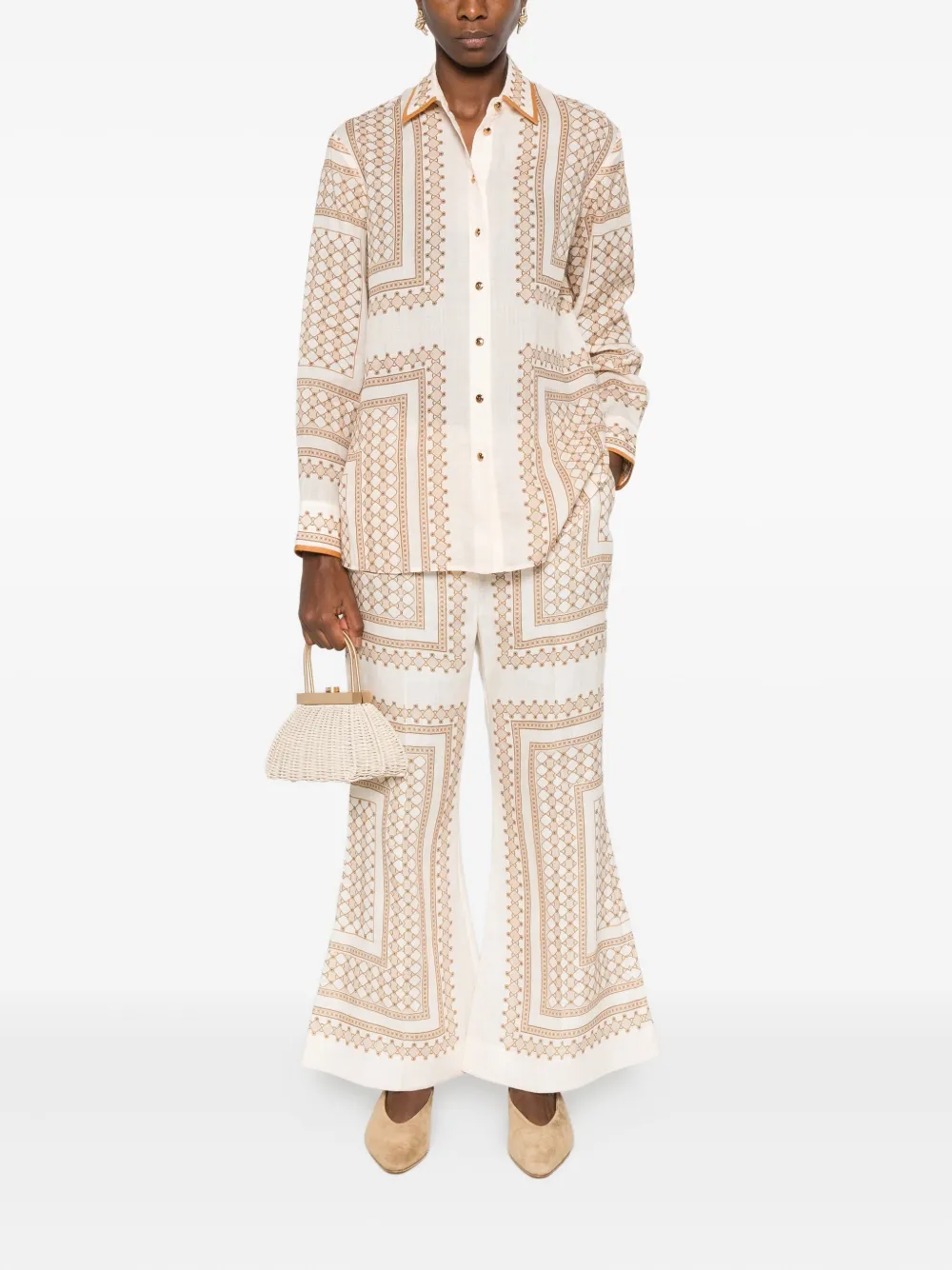 Zimmermann Womens Cream Geo Print Crop-leg Flared Linen Trousers In Multi