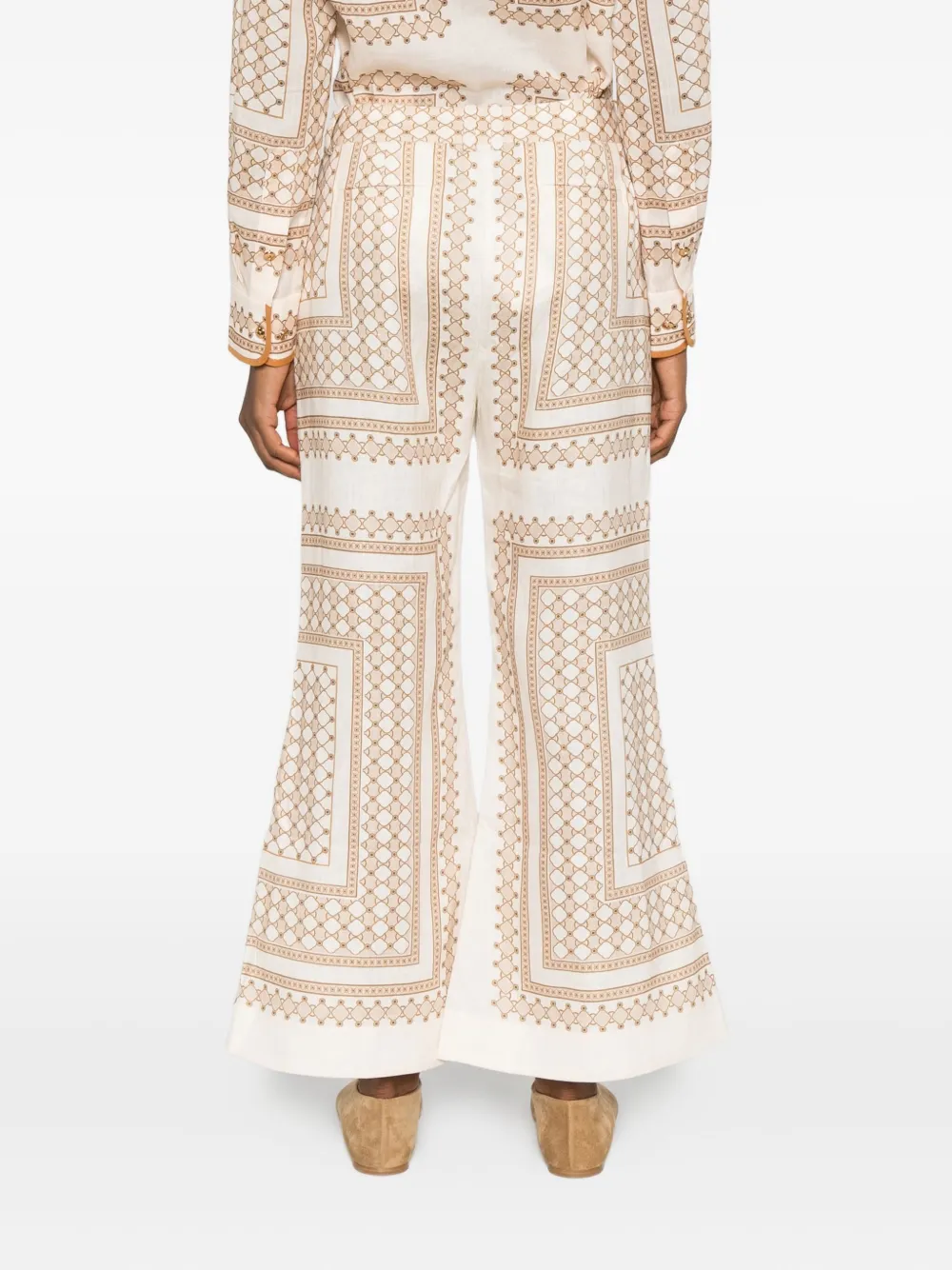 Zimmermann Womens Cream Geo Print Crop-leg Flared Linen Trousers In Multi