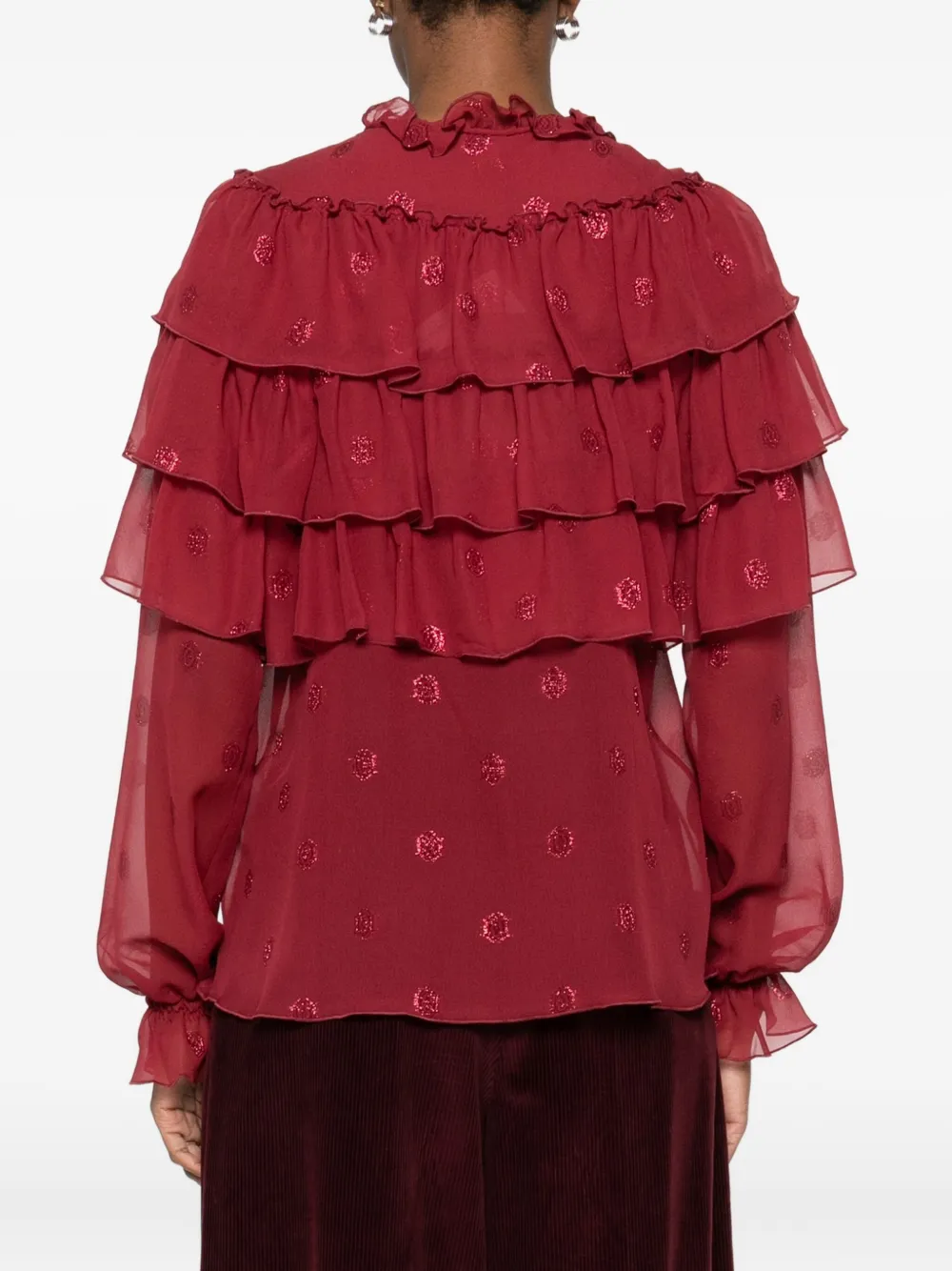 Etro Ruffled Glitter-dot Blouse In Burgundy
